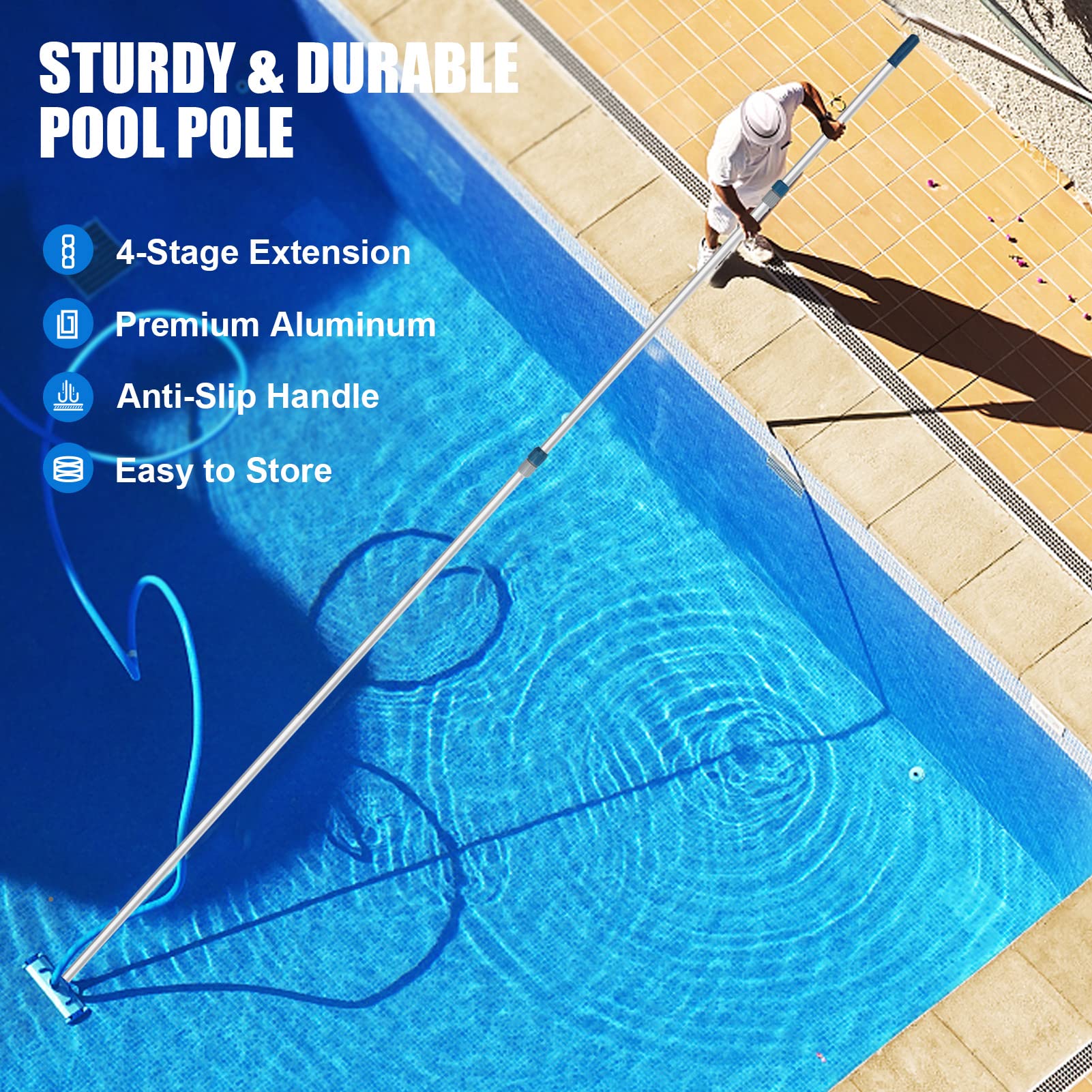 POOPLE Professional 16 Foot Telescopic Aluminum Swimming Pool Pole - Attach Connect Skimmer Nets, Rakes, Brushes, Vacuum Heads Cleaning - Image 6