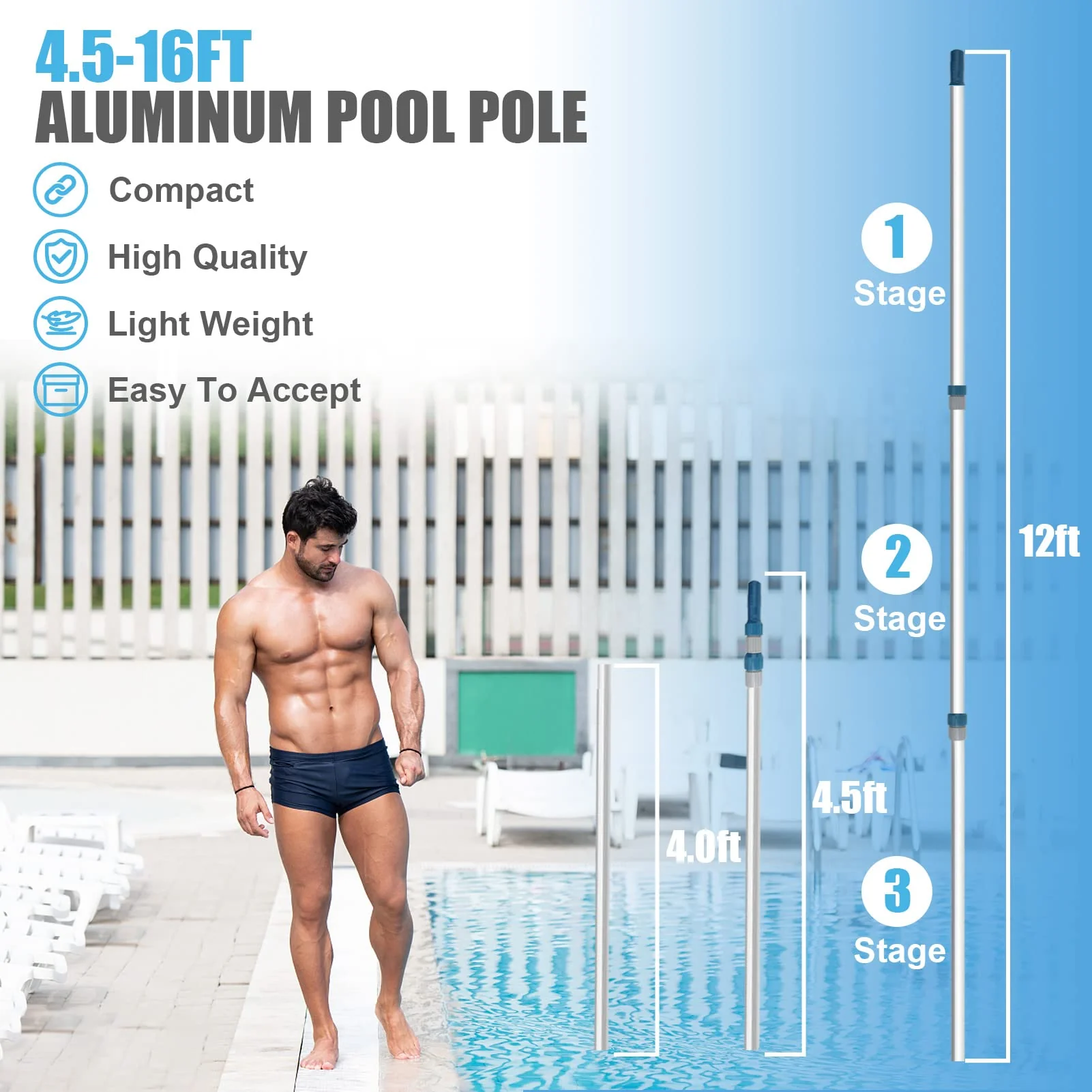 POOPLE Professional 16 Foot Telescopic Aluminum Swimming Pool Pole - Attach Connect Skimmer Nets, Rakes, Brushes, Vacuum Heads Cleaning - Image 7