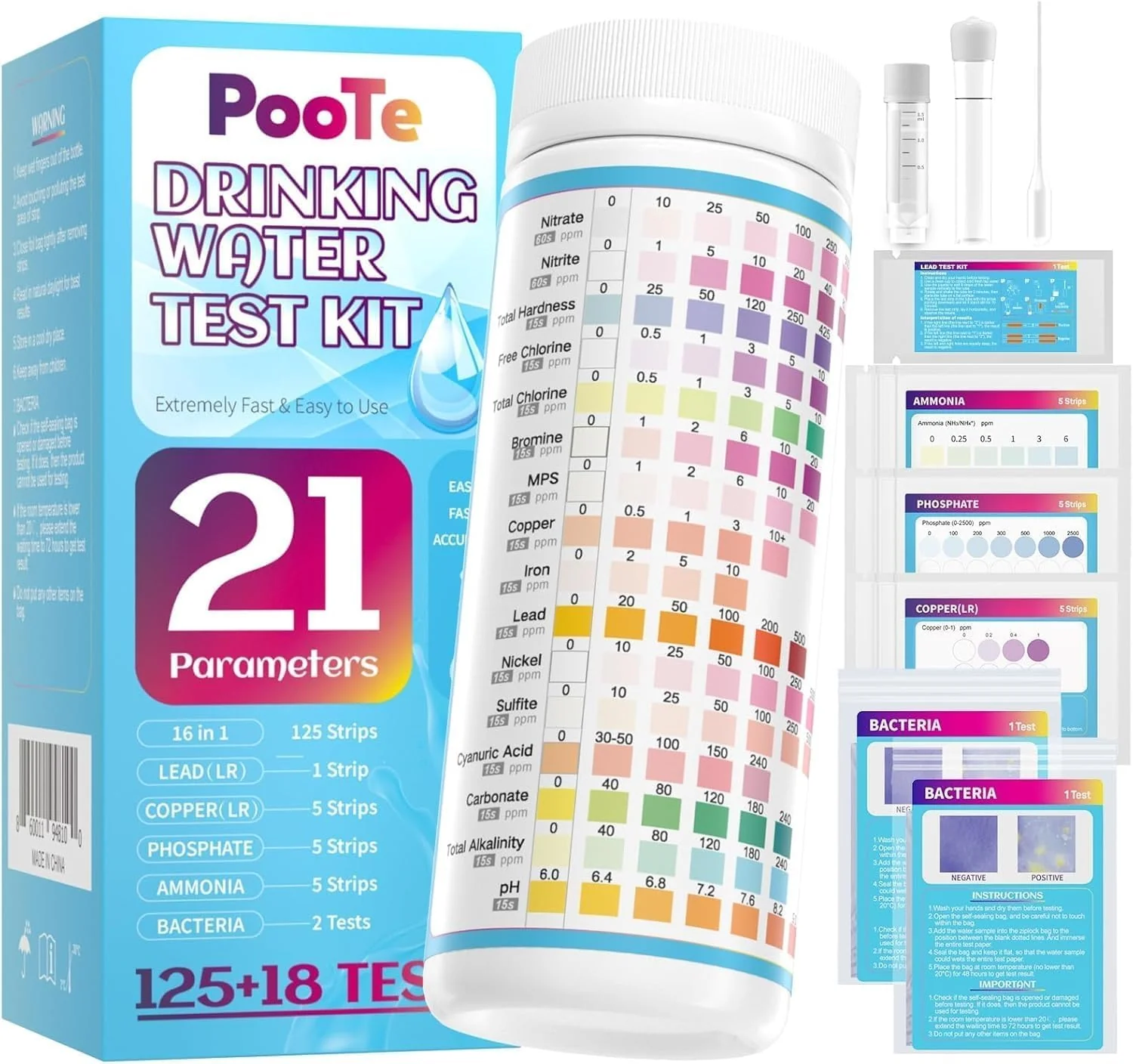 PooTe 21 in 1 Water Testing Kits for Drinking Water - Accurate Drinking Water Test Kit - Water Test Strips for House Water Well and Tap Water for pH Hardness Chlorine Lead Iron Bacteria & More