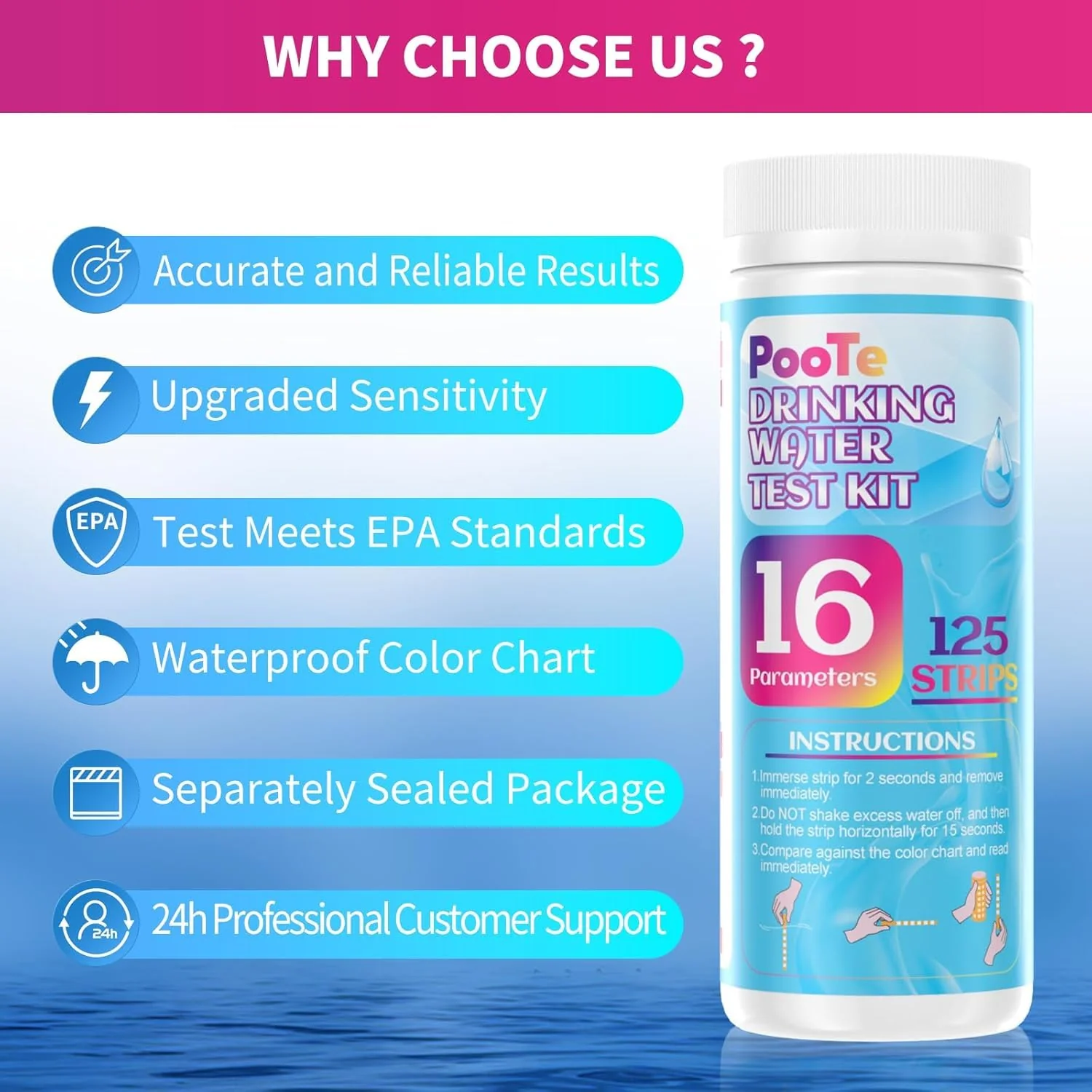 PooTe 21 in 1 Water Testing Kits for Drinking Water - Accurate Drinking Water Test Kit - Water Test Strips for House Water Well and Tap Water for pH Hardness Chlorine Lead Iron Bacteria & More - Image 2