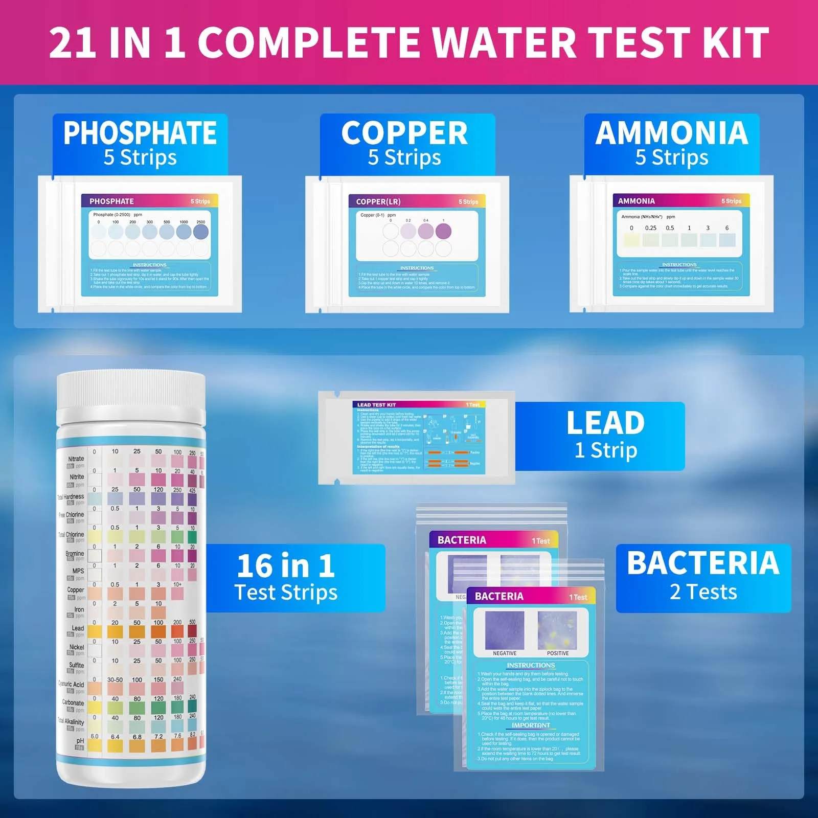 PooTe 21 in 1 Water Testing Kits for Drinking Water - Accurate Drinking Water Test Kit - Water Test Strips for House Water Well and Tap Water for pH Hardness Chlorine Lead Iron Bacteria & More - Image 6