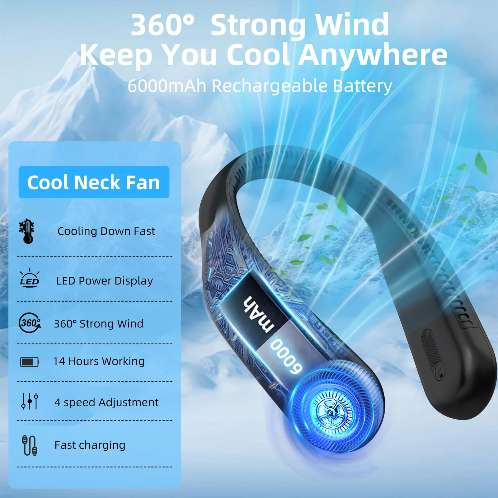 Portable Neck Fan,Hands Free Personal Wearable Bladeless Fan,6000mAh USB Rechargeable,360° Cooling,LED Display,4-Speeds,Birthday Gifts for Men Women Dad Mom,Stocking Stuffers Christmas Gifts (Black) - Image 2