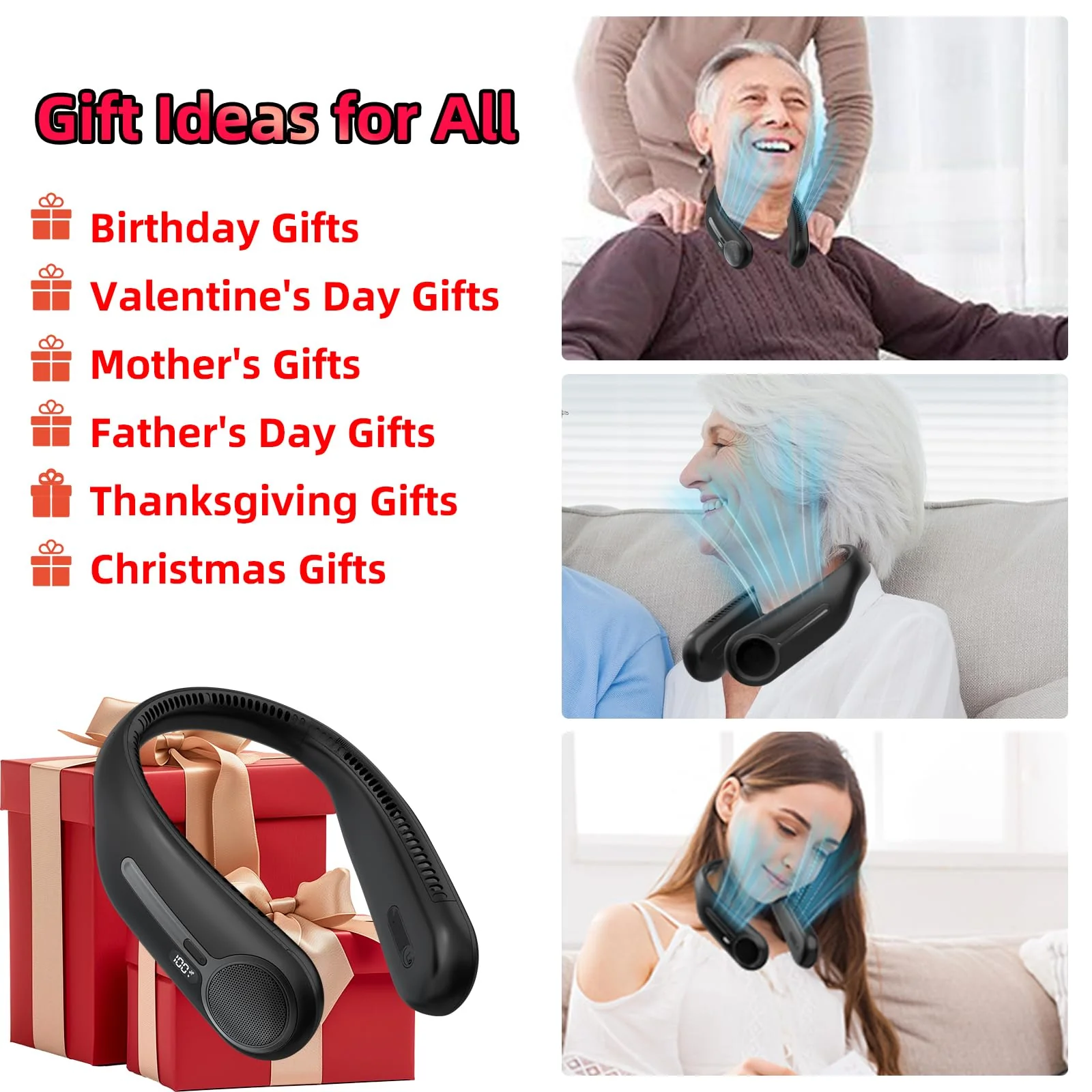 Portable Neck Fan,Hands Free Personal Wearable Bladeless Fan,6000mAh USB Rechargeable,360° Cooling,LED Display,4-Speeds,Birthday Gifts for Men Women Dad Mom,Stocking Stuffers Christmas Gifts (Black) - Image 5