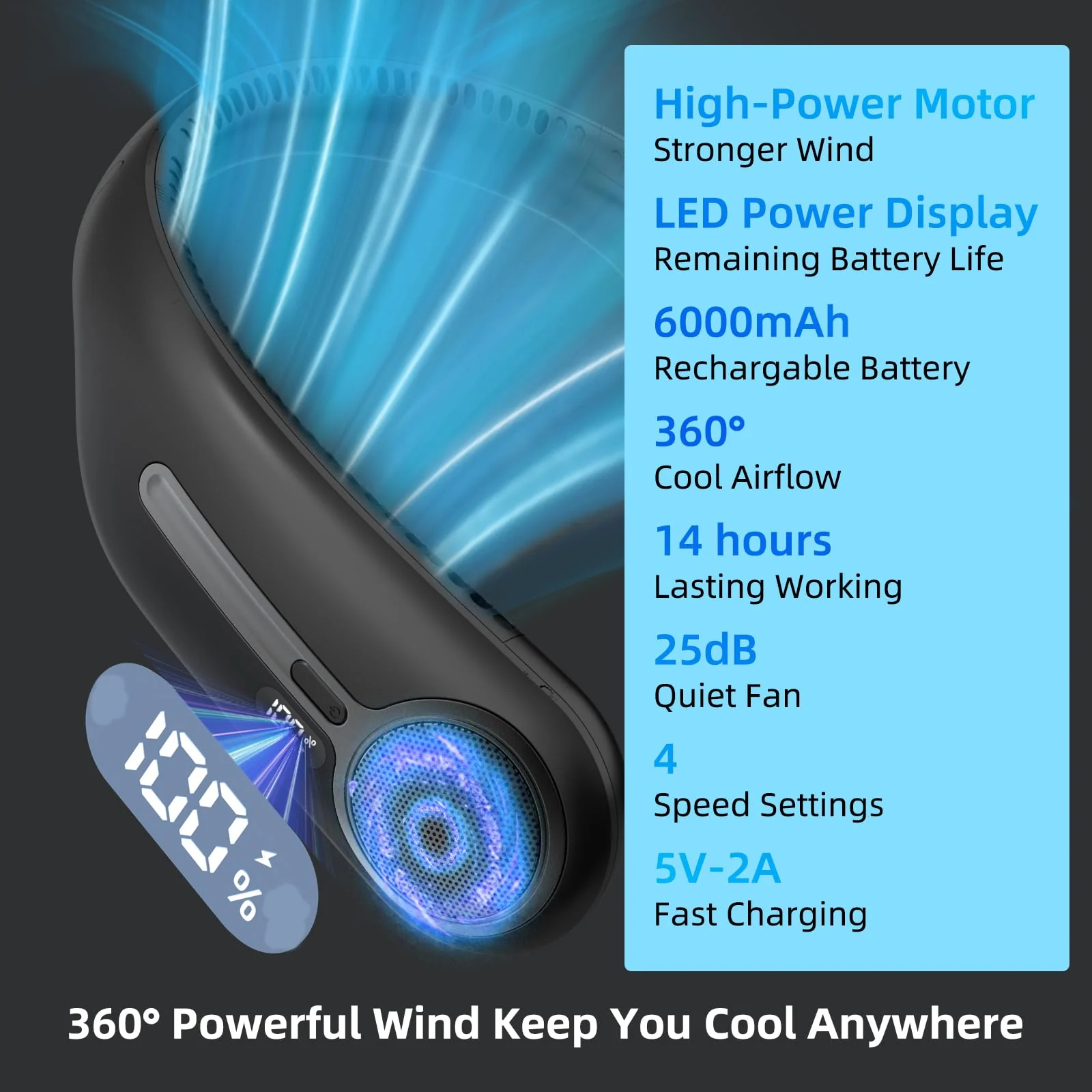 Portable Neck Fan,Hands Free Personal Wearable Bladeless Fan,6000mAh USB Rechargeable,360° Cooling,LED Display,4-Speeds,Birthday Gifts for Men Women Dad Mom,Stocking Stuffers Christmas Gifts (Black) - Image 7