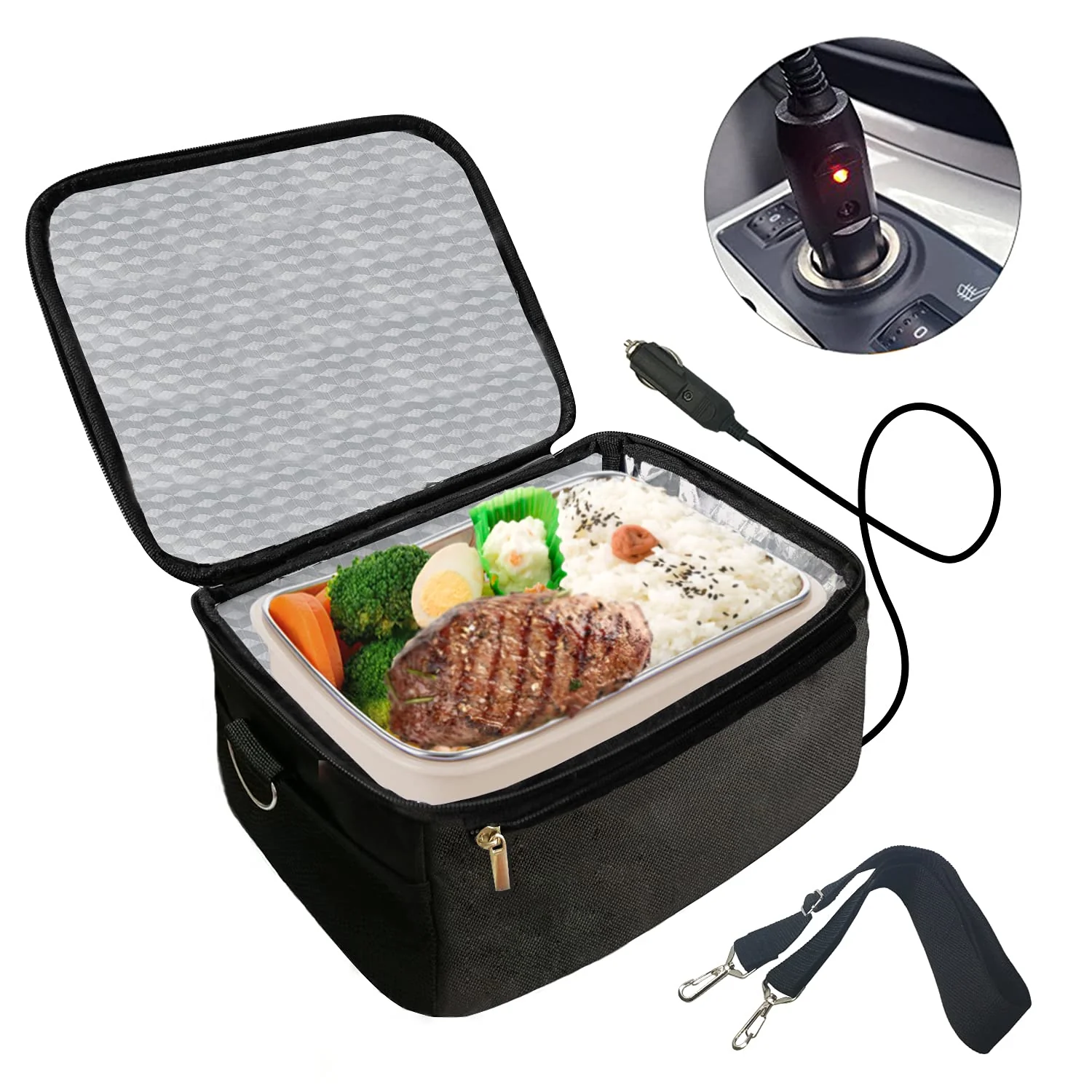 Portable Oven 12V Personal Food Warmer,Car Heating Lunch Box,Electric Slow Cooker For Meals Reheating & Raw Food Cooking for Road Trip/Office Work/Picnic/Camping/Family gathering(12V) (Black) - Image 2