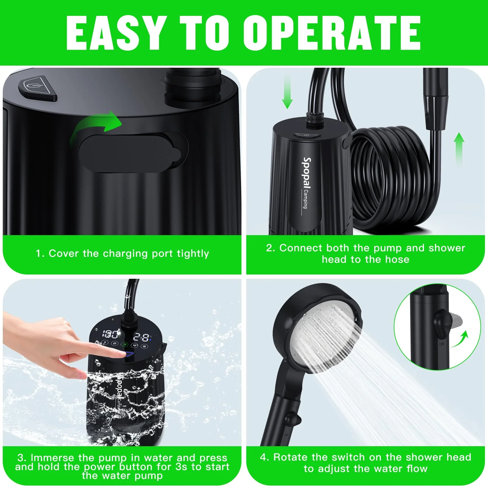 Portable Shower for Camping, [Upgraded] Spopal 10000mAh Rechargeable Camping Shower with 5 Adjustable Speeds,Premium LED Display, IPX8 Waterproof Outdoor Shower Kit for Hiking, Car, Pet, Travel (BK) - Image 5