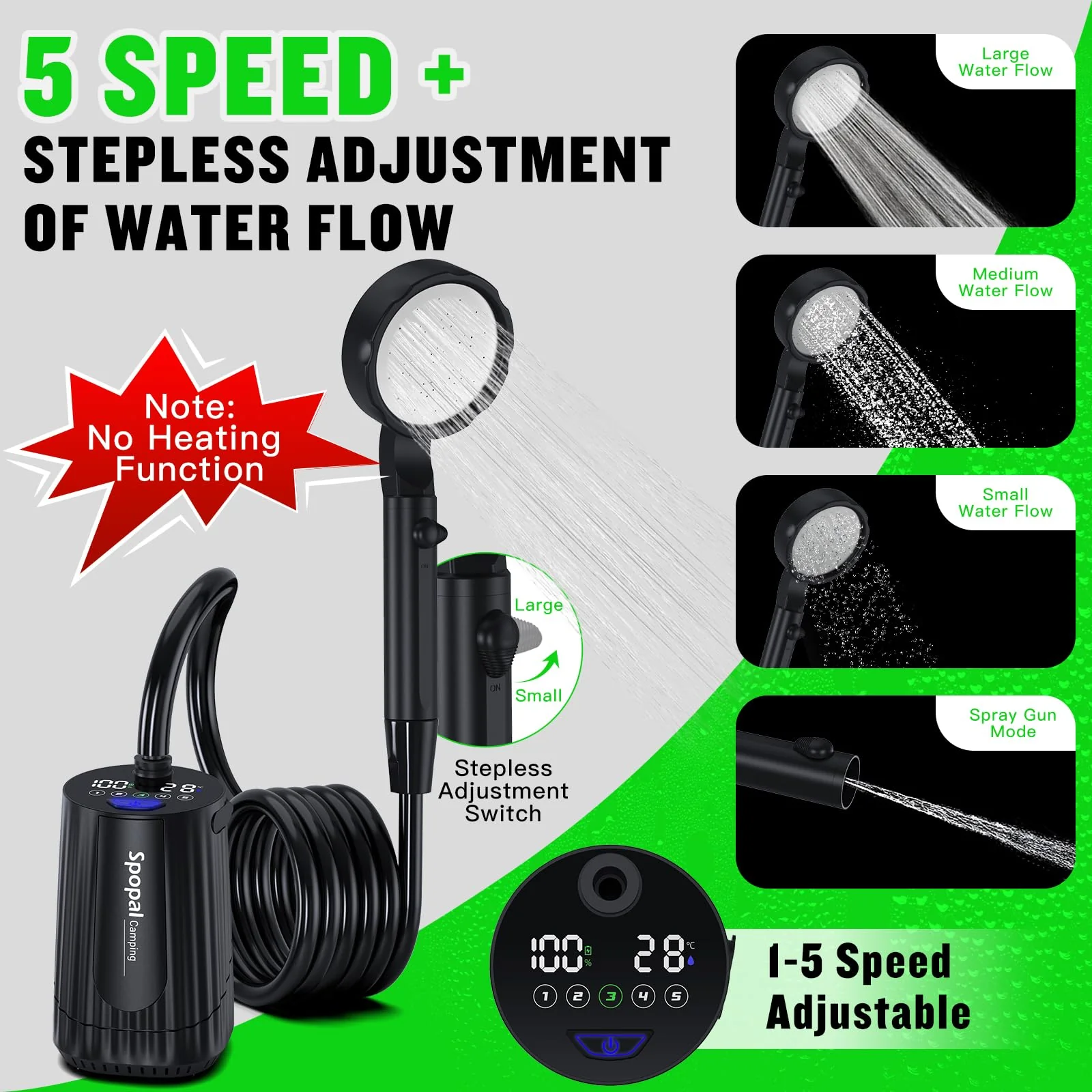 Portable Shower for Camping, [Upgraded] Spopal 10000mAh Rechargeable Camping Shower with 5 Adjustable Speeds,Premium LED Display, IPX8 Waterproof Outdoor Shower Kit for Hiking, Car, Pet, Travel (BK) - Image 7