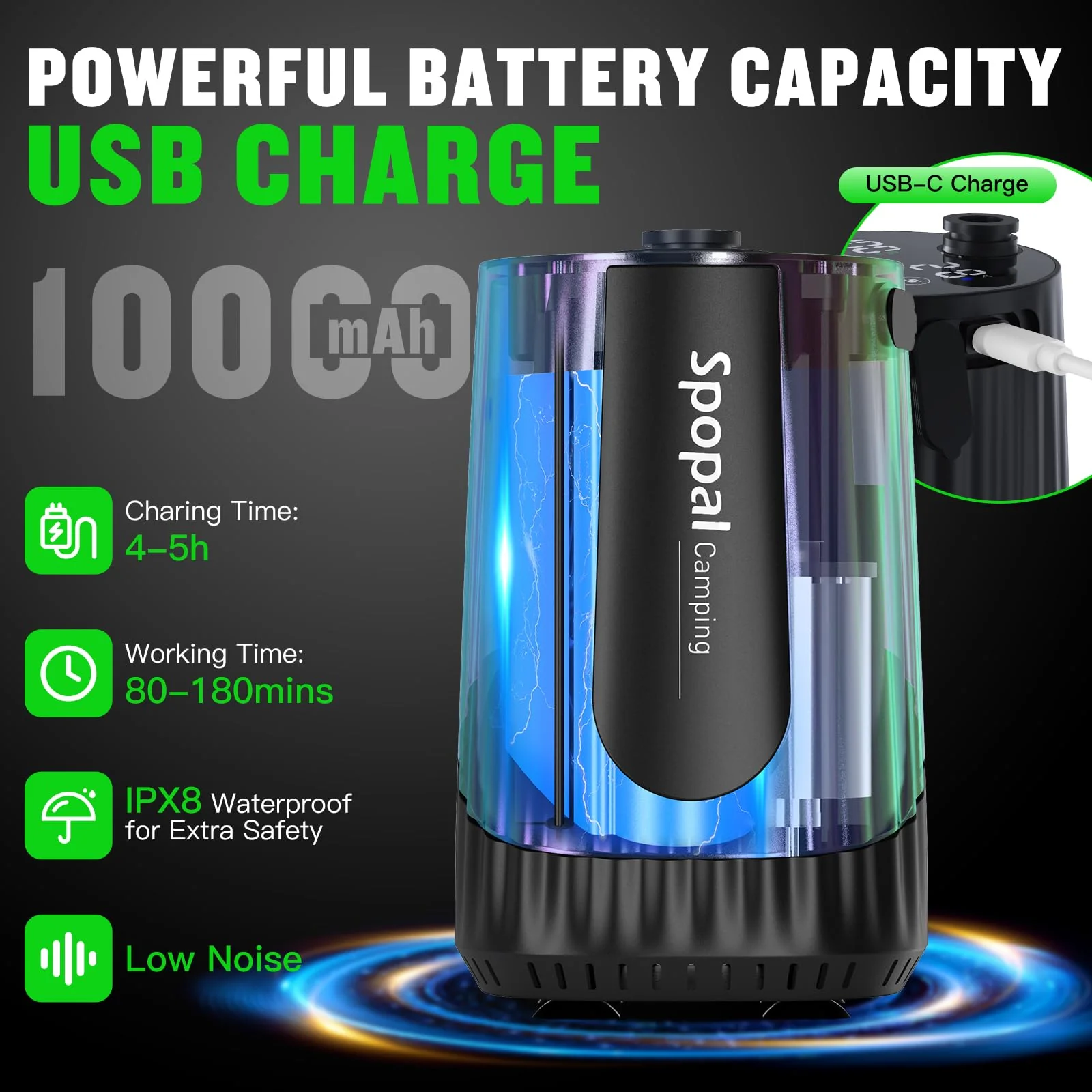 Portable Shower for Camping, [Upgraded] Spopal 10000mAh Rechargeable Camping Shower with 5 Adjustable Speeds,Premium LED Display, IPX8 Waterproof Outdoor Shower Kit for Hiking, Car, Pet, Travel (BK) - Image 8