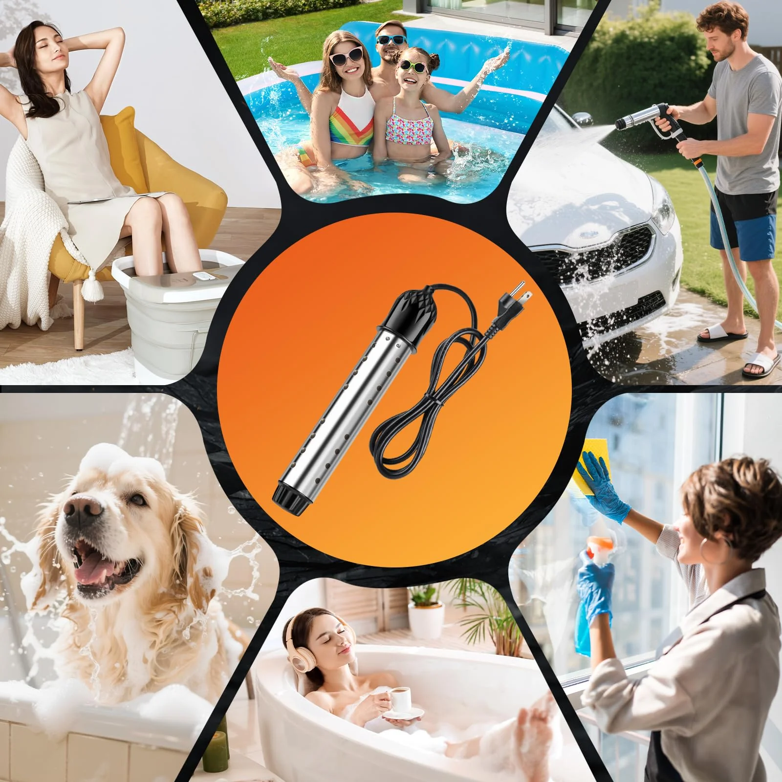 Portable Water Heater for Buckets & Tubs, 2000W Immersion Heater with Intelligent Shut-Off, Stainless Steel Guard & Digital Temperature Sensor, Fast Heating for Backyard Pools, RVs & Home Use - Image 2