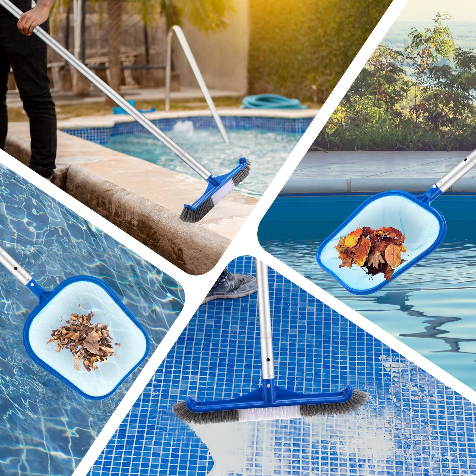 Potchen 3 Pcs Pool Cleaning Kit with Hand Skimmer Net, 47.24" Aluminum Pole and 17.5" Long Pool Brush Maintenance Accessory Tool for Above Ground Inground Ponds Home Tubs Spa - Image 2