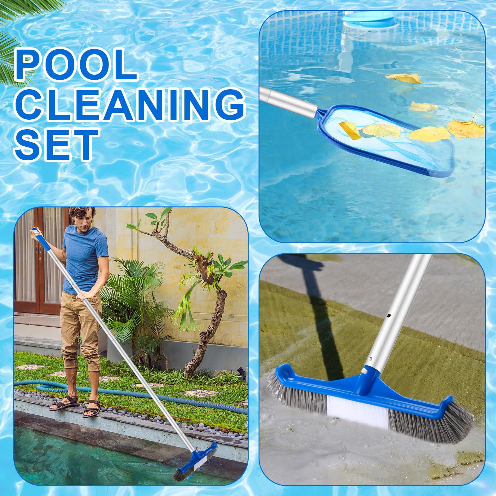 Potchen 3 Pcs Pool Cleaning Kit with Hand Skimmer Net, 47.24" Aluminum Pole and 17.5" Long Pool Brush Maintenance Accessory Tool for Above Ground Inground Ponds Home Tubs Spa - Image 4