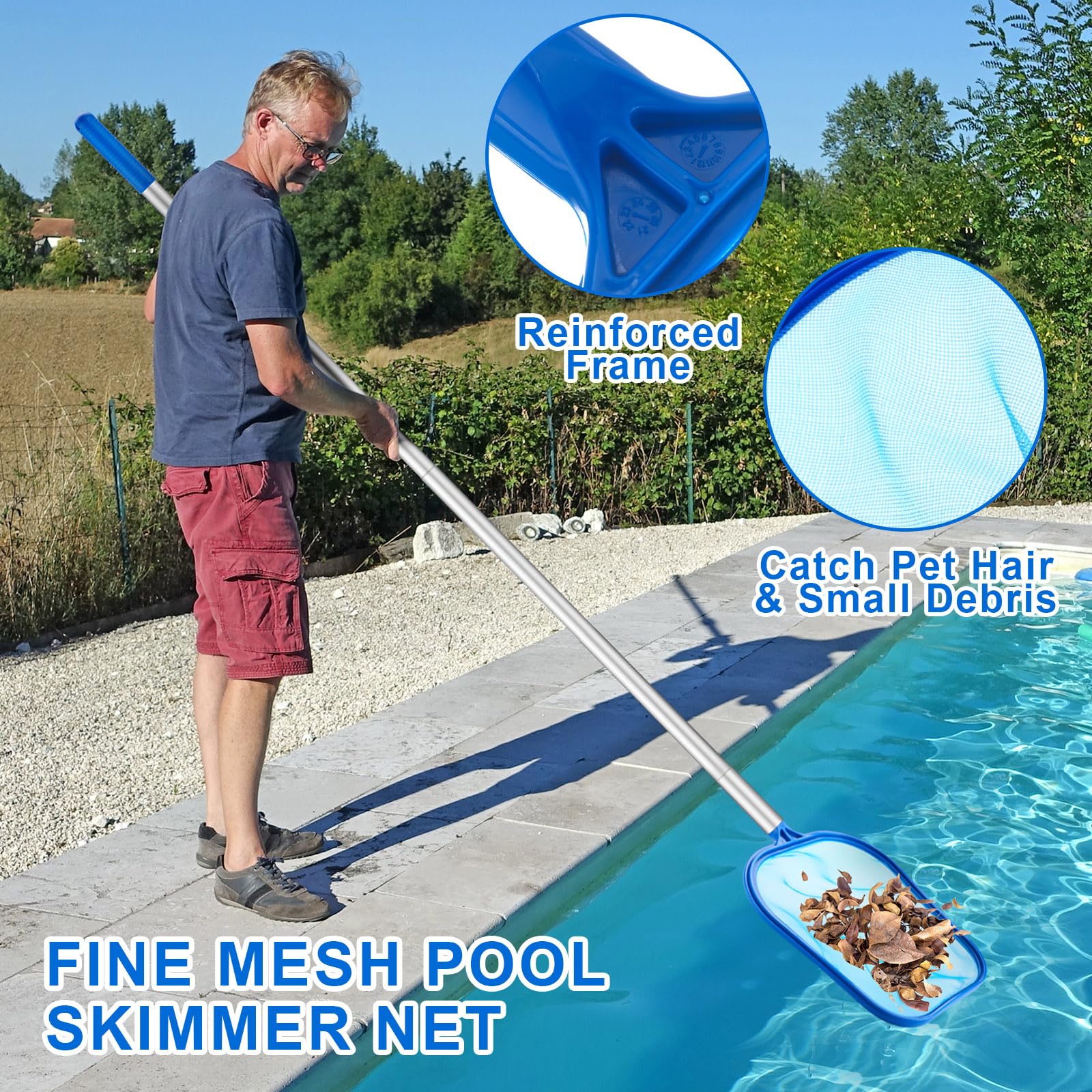 Potchen 3 Pcs Pool Cleaning Kit with Hand Skimmer Net, 47.24" Aluminum Pole and 17.5" Long Pool Brush Maintenance Accessory Tool for Above Ground Inground Ponds Home Tubs Spa - Image 5