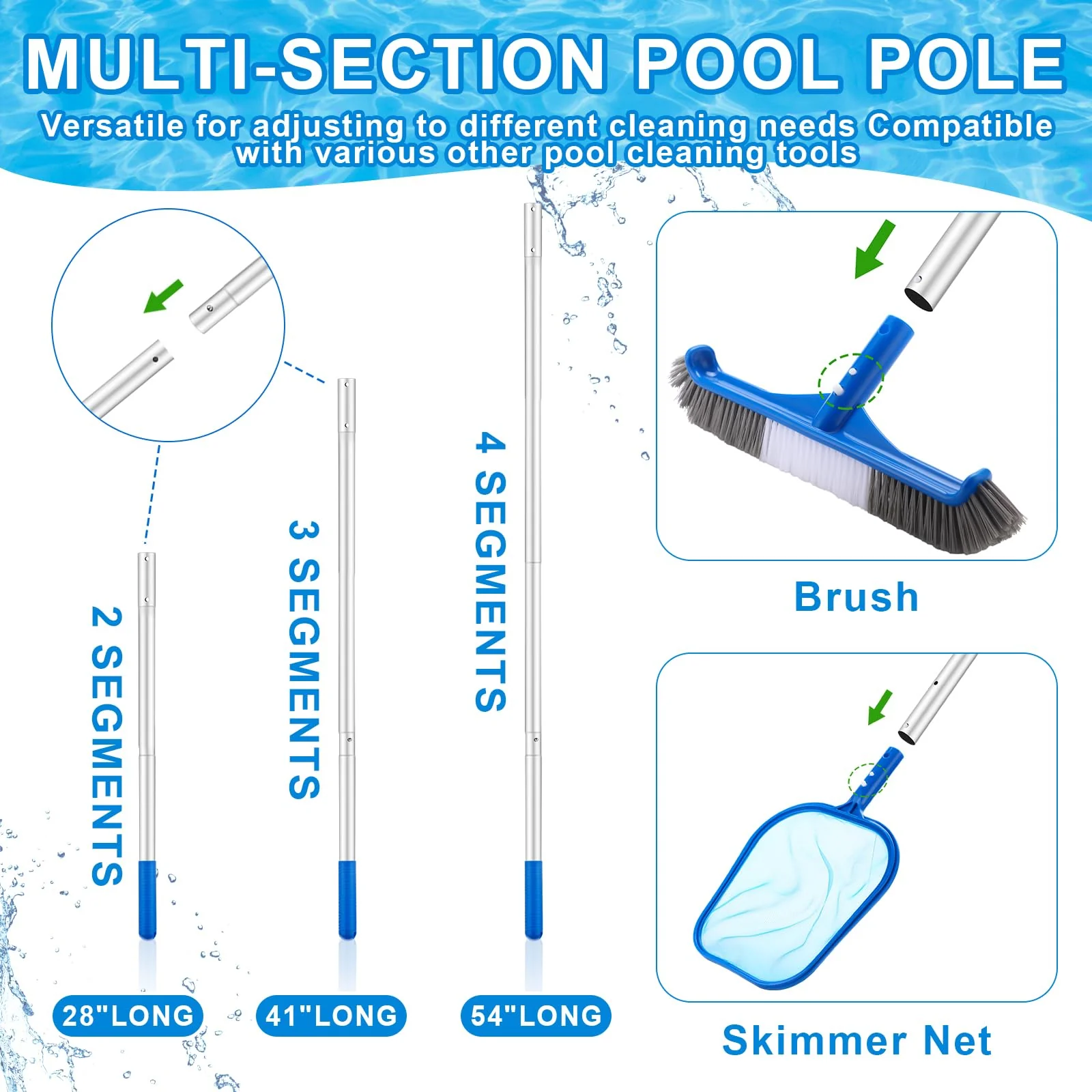 Potchen 3 Pcs Pool Cleaning Kit with Hand Skimmer Net, 47.24" Aluminum Pole and 17.5" Long Pool Brush Maintenance Accessory Tool for Above Ground Inground Ponds Home Tubs Spa - Image 6