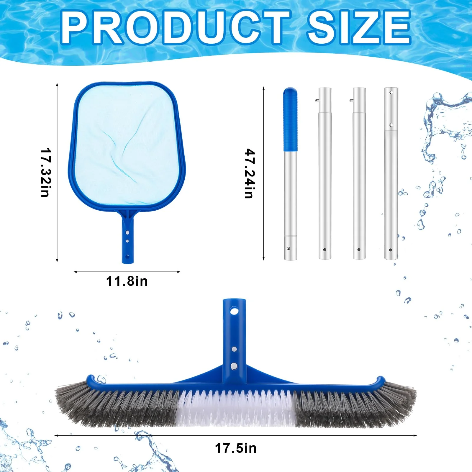 Potchen 3 Pcs Pool Cleaning Kit with Hand Skimmer Net, 47.24" Aluminum Pole and 17.5" Long Pool Brush Maintenance Accessory Tool for Above Ground Inground Ponds Home Tubs Spa - Image 7