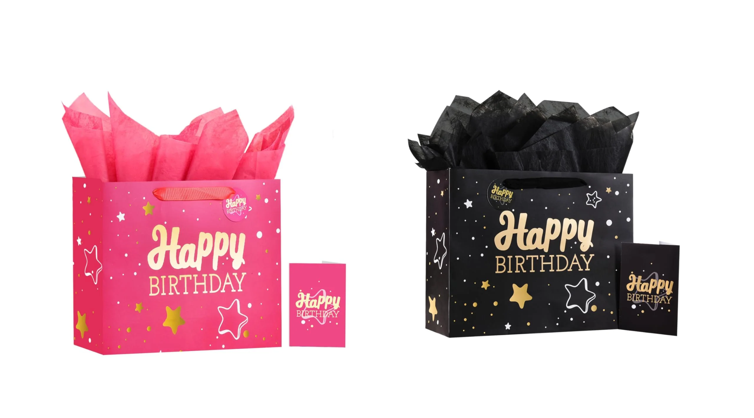 Powbrace 13" Pink + Black Happy Birthday Gift Bag with Tissue Paper and Greeting Card for Party,Happy Birthday Gift Bag for Men Women, Gift Bags Medium size(2 PCS Pink & Black)
