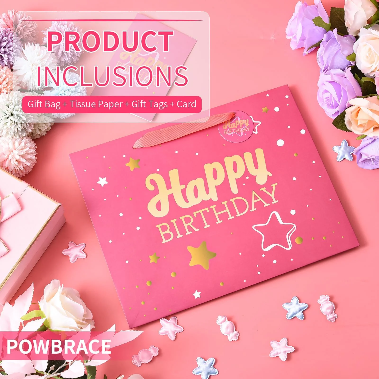 Powbrace 13" Pink + Black Happy Birthday Gift Bag with Tissue Paper and Greeting Card for Party,Happy Birthday Gift Bag for Men Women, Gift Bags Medium size(2 PCS Pink & Black) - Image 5
