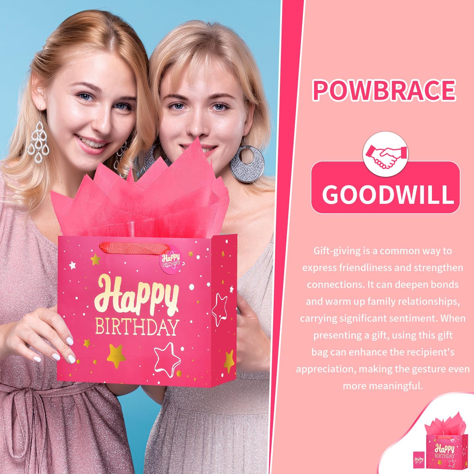 Powbrace 13" Pink + Black Happy Birthday Gift Bag with Tissue Paper and Greeting Card for Party,Happy Birthday Gift Bag for Men Women, Gift Bags Medium size(2 PCS Pink & Black) - Image 6