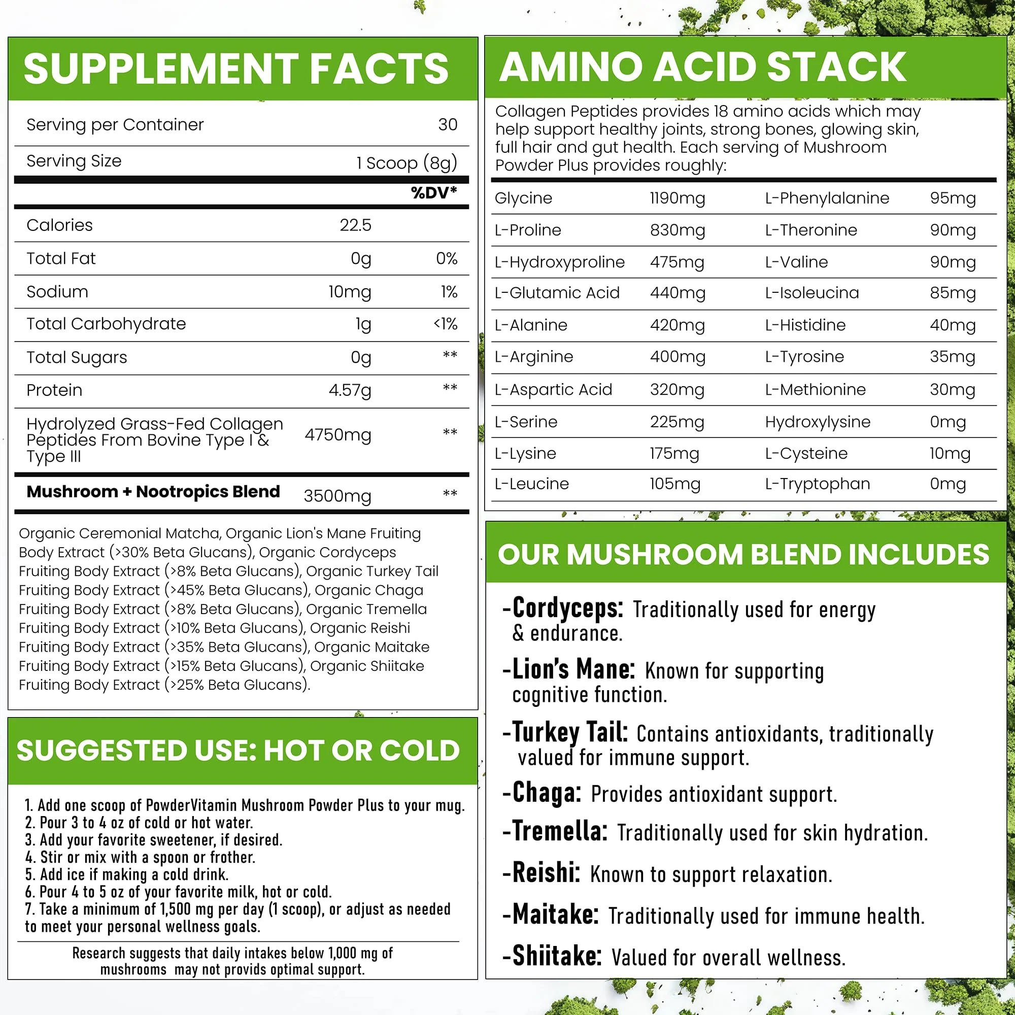 PowderVitamin Organic Ceremonial Mushroom Matcha Certified Pesticide-Free Grass-Fed Collagen Types I & III 8 Fruiting Body Mushrooms Tested for Beta-Glucans Focus Digestion & Immunity 30 Servings - Image 2