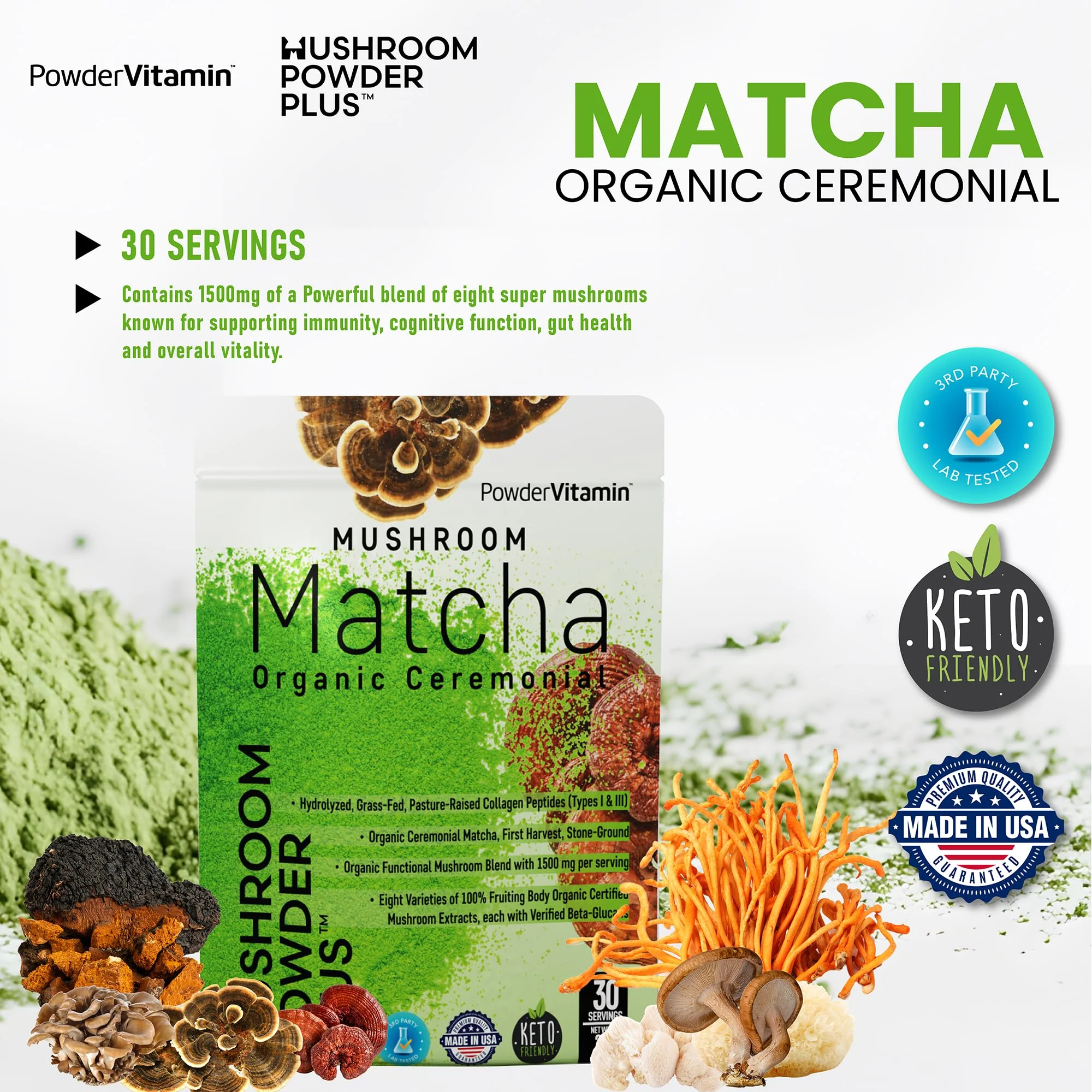 PowderVitamin Organic Ceremonial Mushroom Matcha Certified Pesticide-Free Grass-Fed Collagen Types I & III 8 Fruiting Body Mushrooms Tested for Beta-Glucans Focus Digestion & Immunity 30 Servings - Image 3