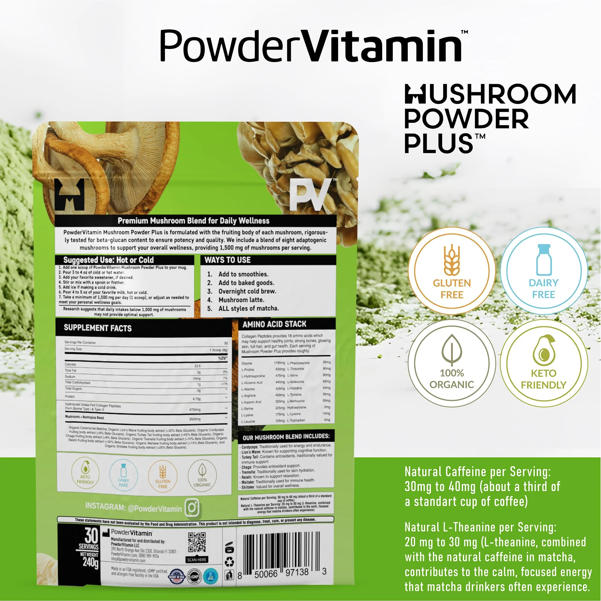 PowderVitamin Organic Ceremonial Mushroom Matcha Certified Pesticide-Free Grass-Fed Collagen Types I & III 8 Fruiting Body Mushrooms Tested for Beta-Glucans Focus Digestion & Immunity 30 Servings - Image 4