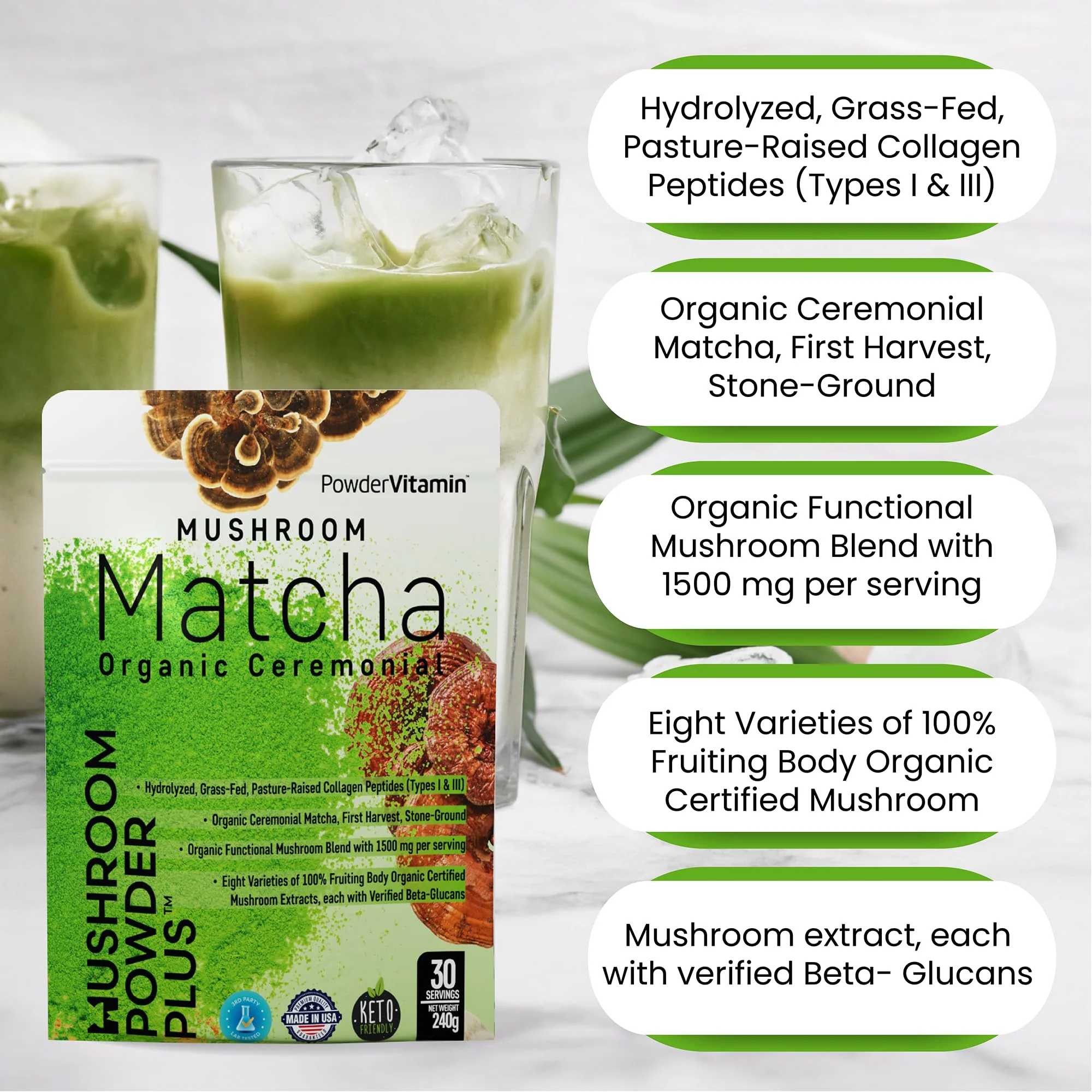 PowderVitamin Organic Ceremonial Mushroom Matcha Certified Pesticide-Free Grass-Fed Collagen Types I & III 8 Fruiting Body Mushrooms Tested for Beta-Glucans Focus Digestion & Immunity 30 Servings - Image 5