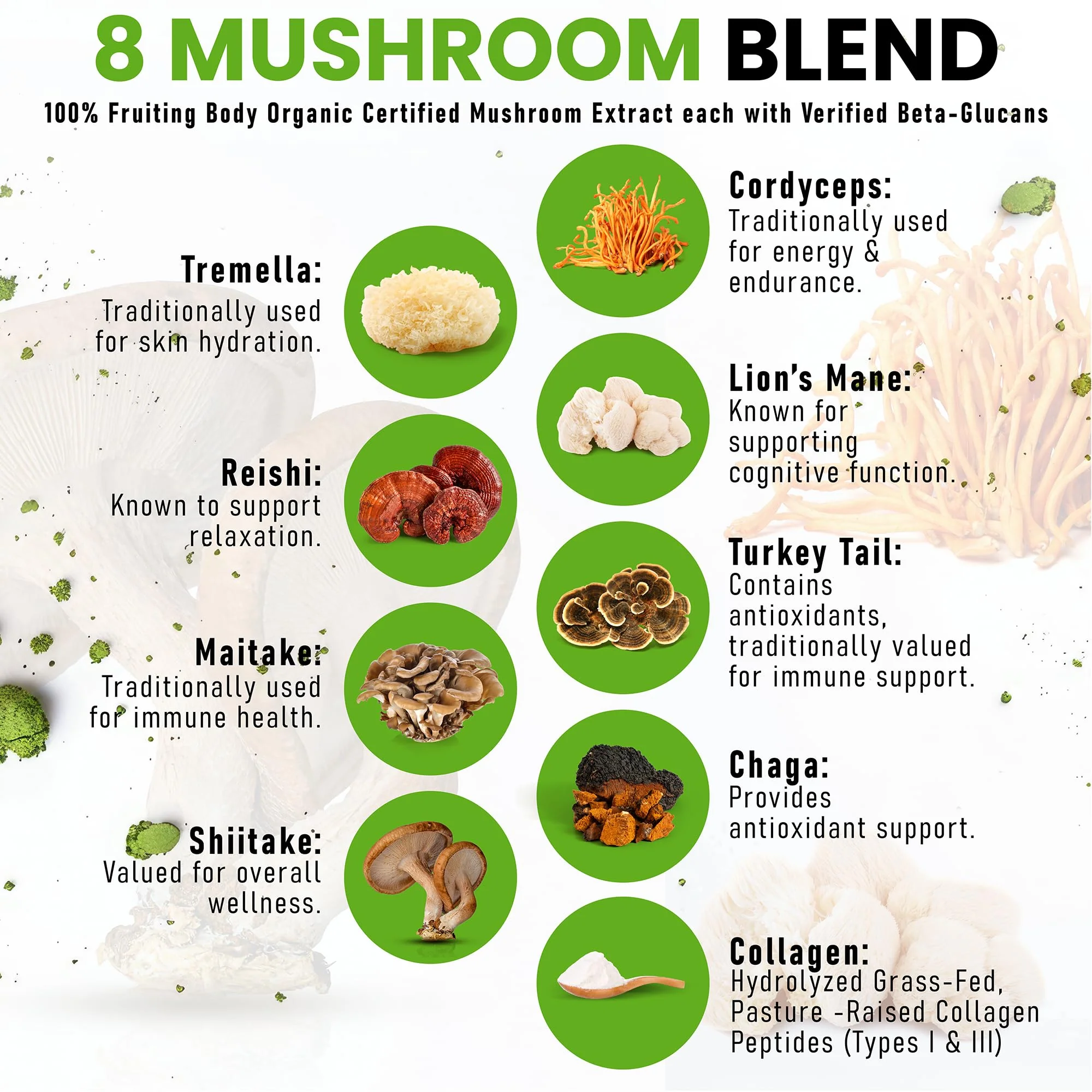 PowderVitamin Organic Ceremonial Mushroom Matcha Certified Pesticide-Free Grass-Fed Collagen Types I & III 8 Fruiting Body Mushrooms Tested for Beta-Glucans Focus Digestion & Immunity 30 Servings - Image 7