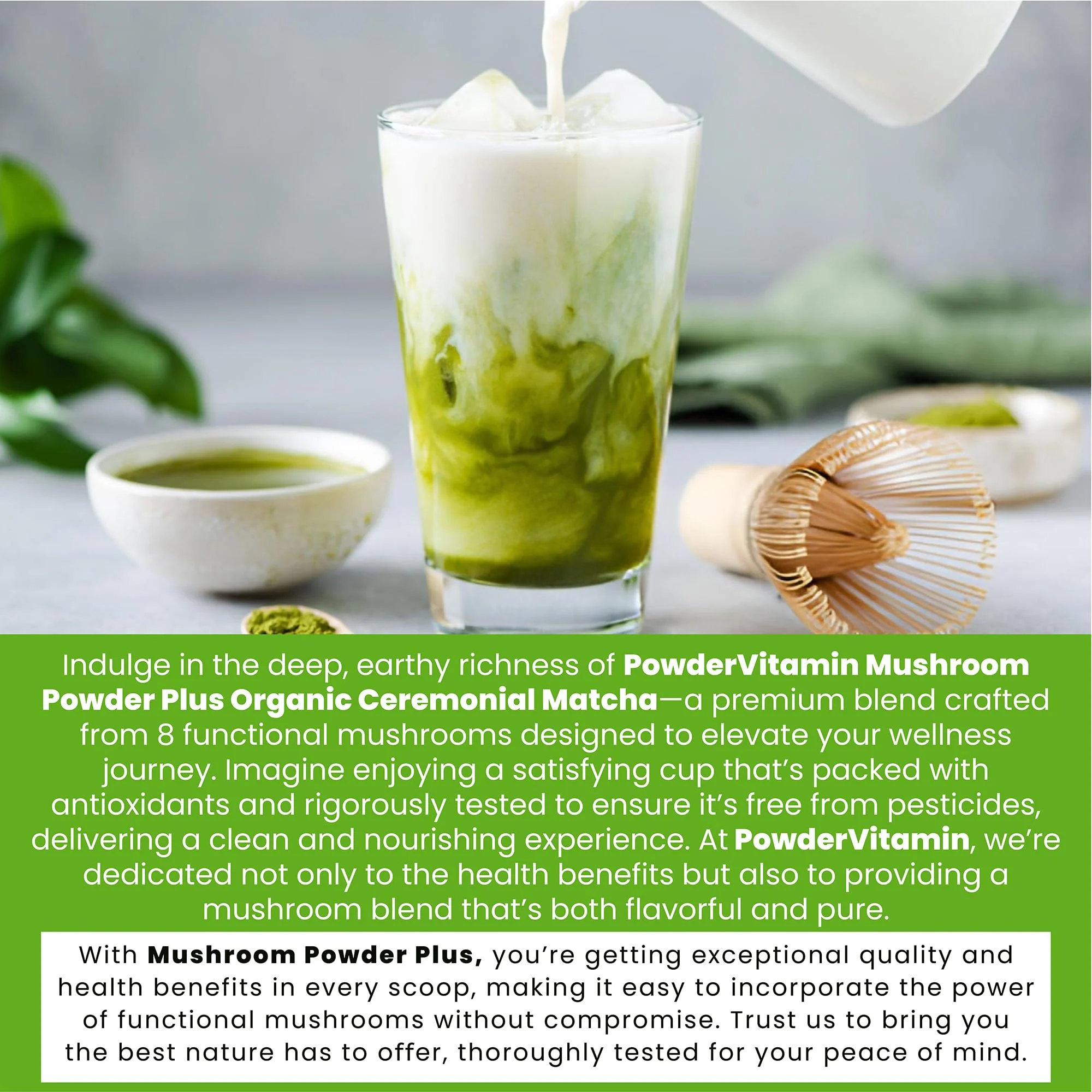 PowderVitamin Organic Ceremonial Mushroom Matcha Certified Pesticide-Free Grass-Fed Collagen Types I & III 8 Fruiting Body Mushrooms Tested for Beta-Glucans Focus Digestion & Immunity 30 Servings - Image 8