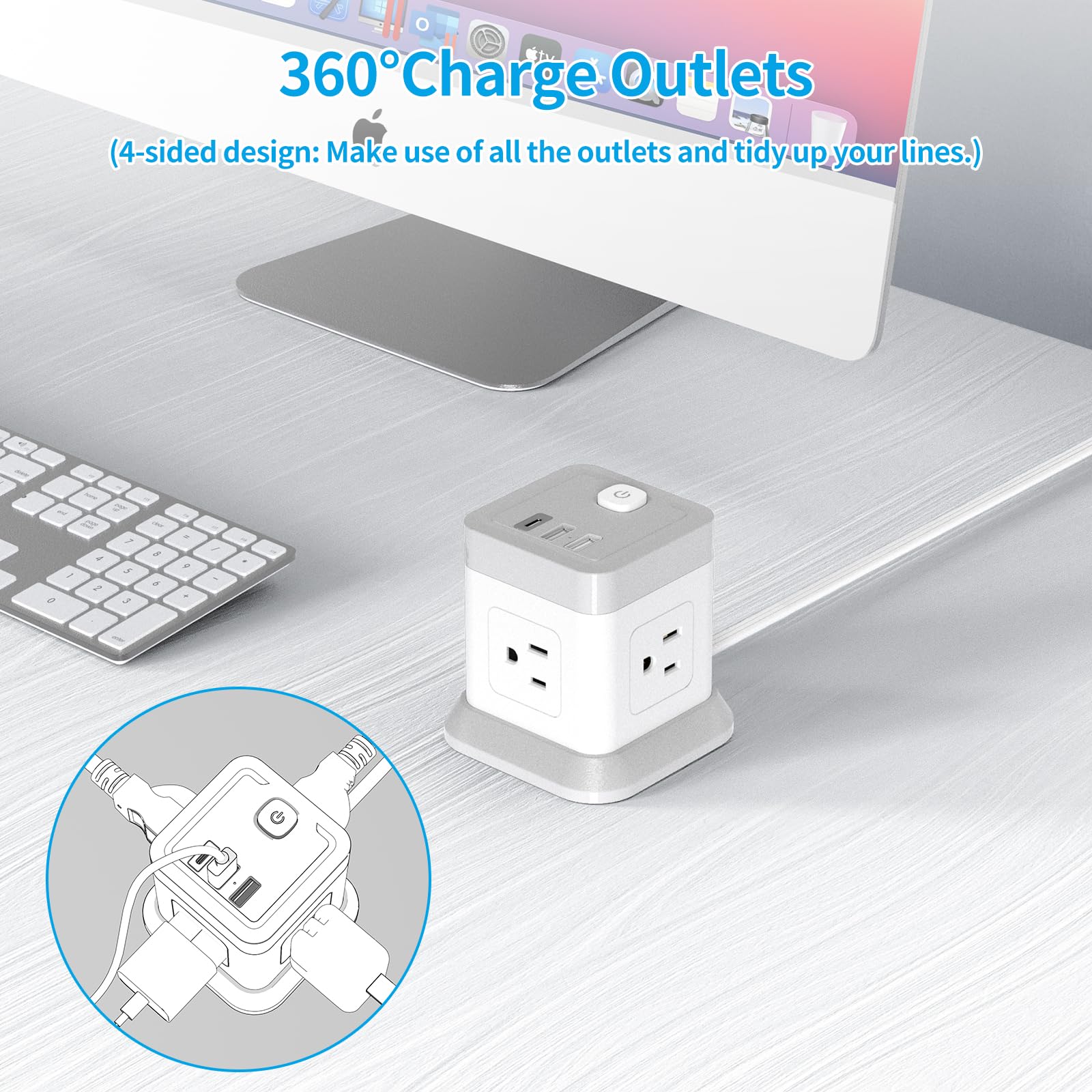 Power Strip with USB C, FDTEK Desktop Power Cube Strip, 10 FT Extension Cord with 4 Outlets and 3 USB, Compact Power Strips Tower for Travel Home Office Cruise Ship - White - Image 5