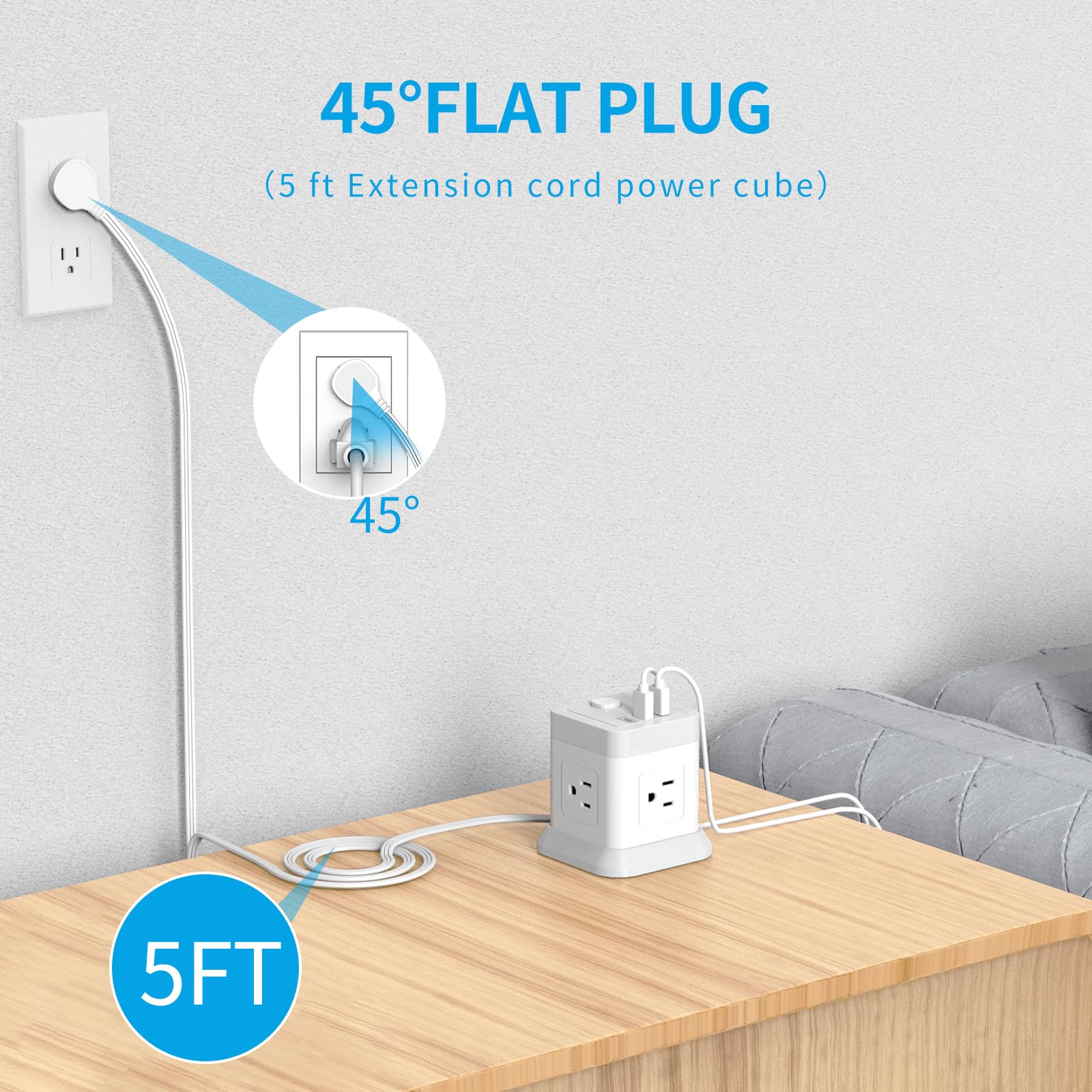 Power Strip with USB C, FDTEK Desktop Power Cube Strip, 10 FT Extension Cord with 4 Outlets and 3 USB, Compact Power Strips Tower for Travel Home Office Cruise Ship - White - Image 6