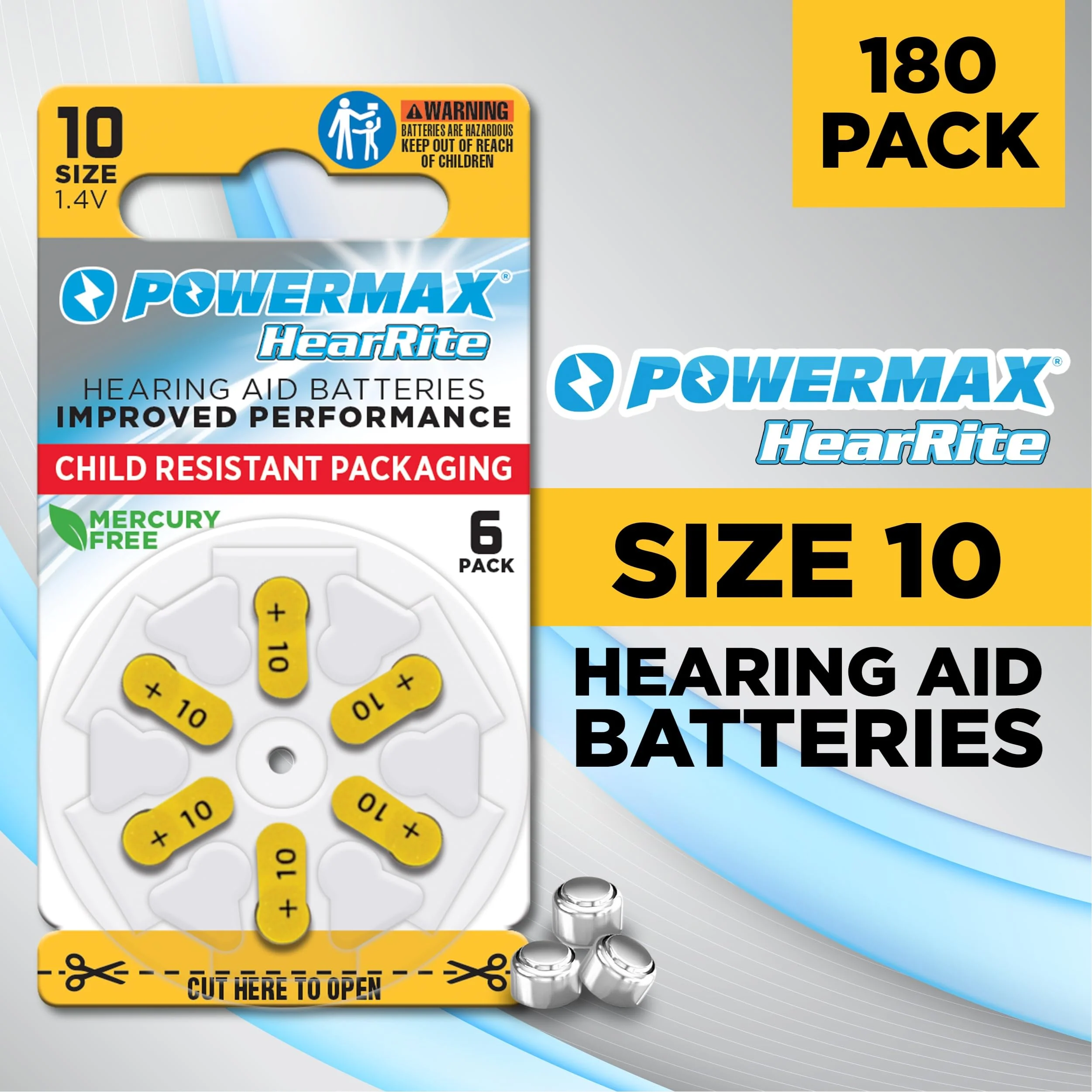 Powermax Size 10 Hearing Aid Batteries, 180 Count Long-Lasting Battery Pack, Yellow Long Tab for Easy Change - Image 3