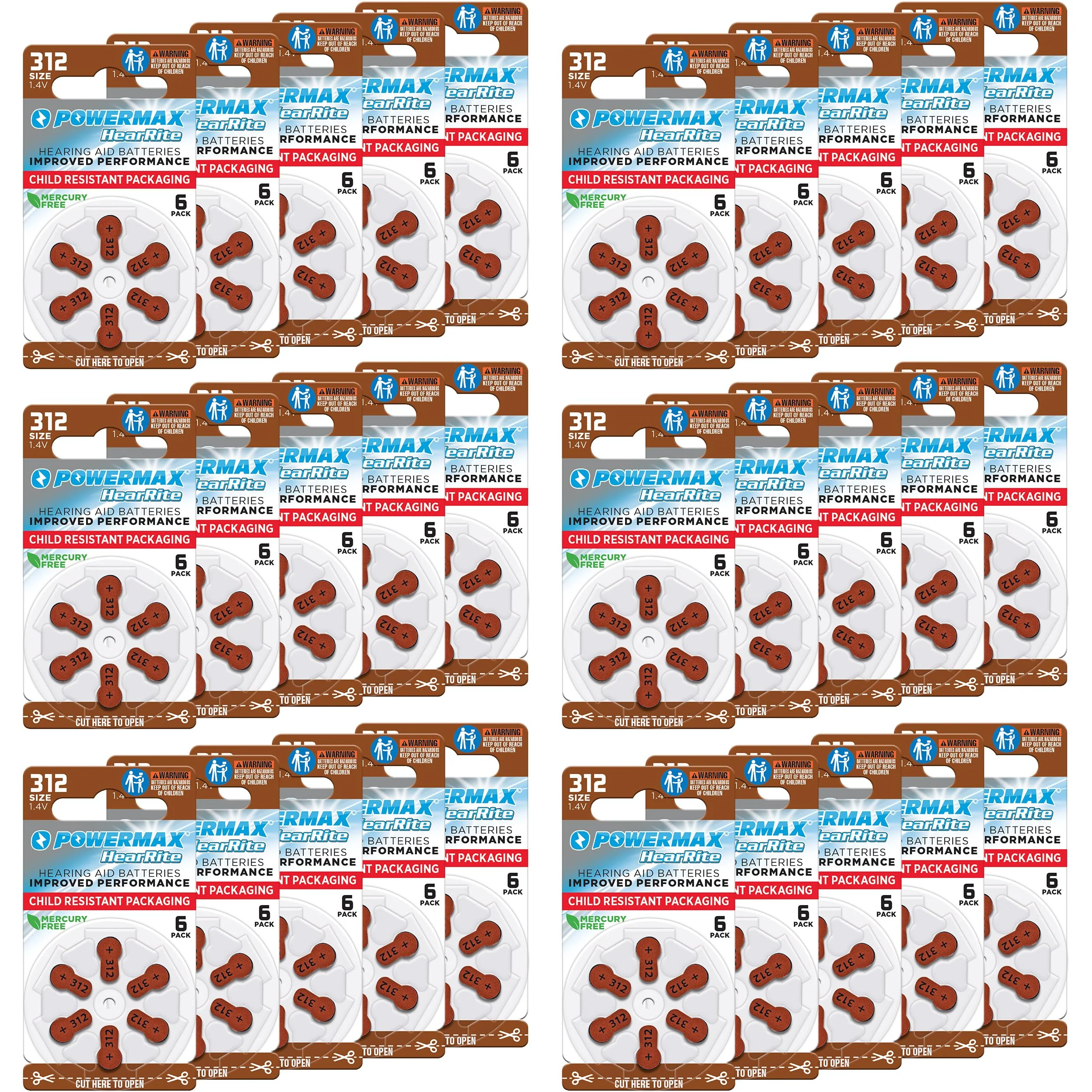 Powermax Size 312 Hearing Aid Batteries, 180 Count Long-Lasting Battery Pack, Brown Long Tab for Easy Change
