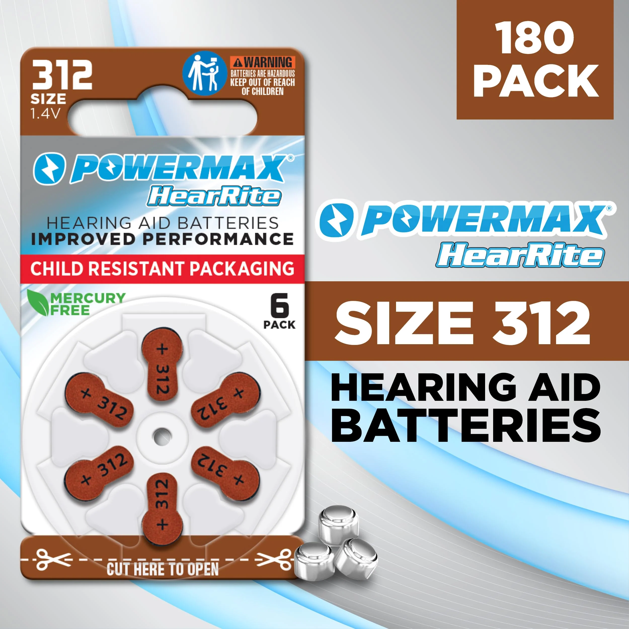 Powermax Size 312 Hearing Aid Batteries, 180 Count Long-Lasting Battery Pack, Brown Long Tab for Easy Change - Image 6