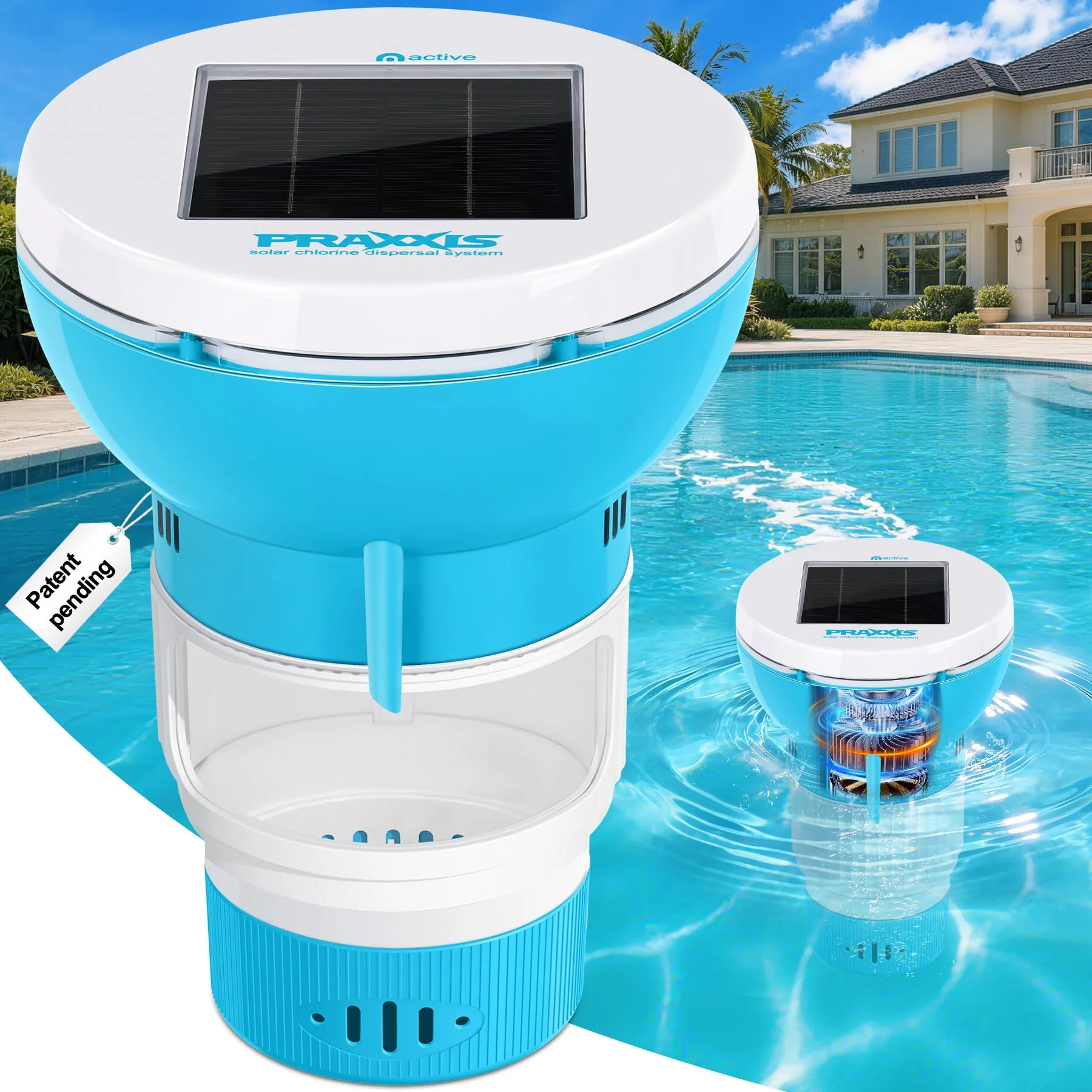 PRAXXIS Chlorine Floater with Solar-Powered Pump, Solar Chlorine Floater with Uniform Distribution, Rotating & Moving Floating Chlorine Dispenser for Pool, Adjustable Flow Pool Chlorine Floater(Blue)