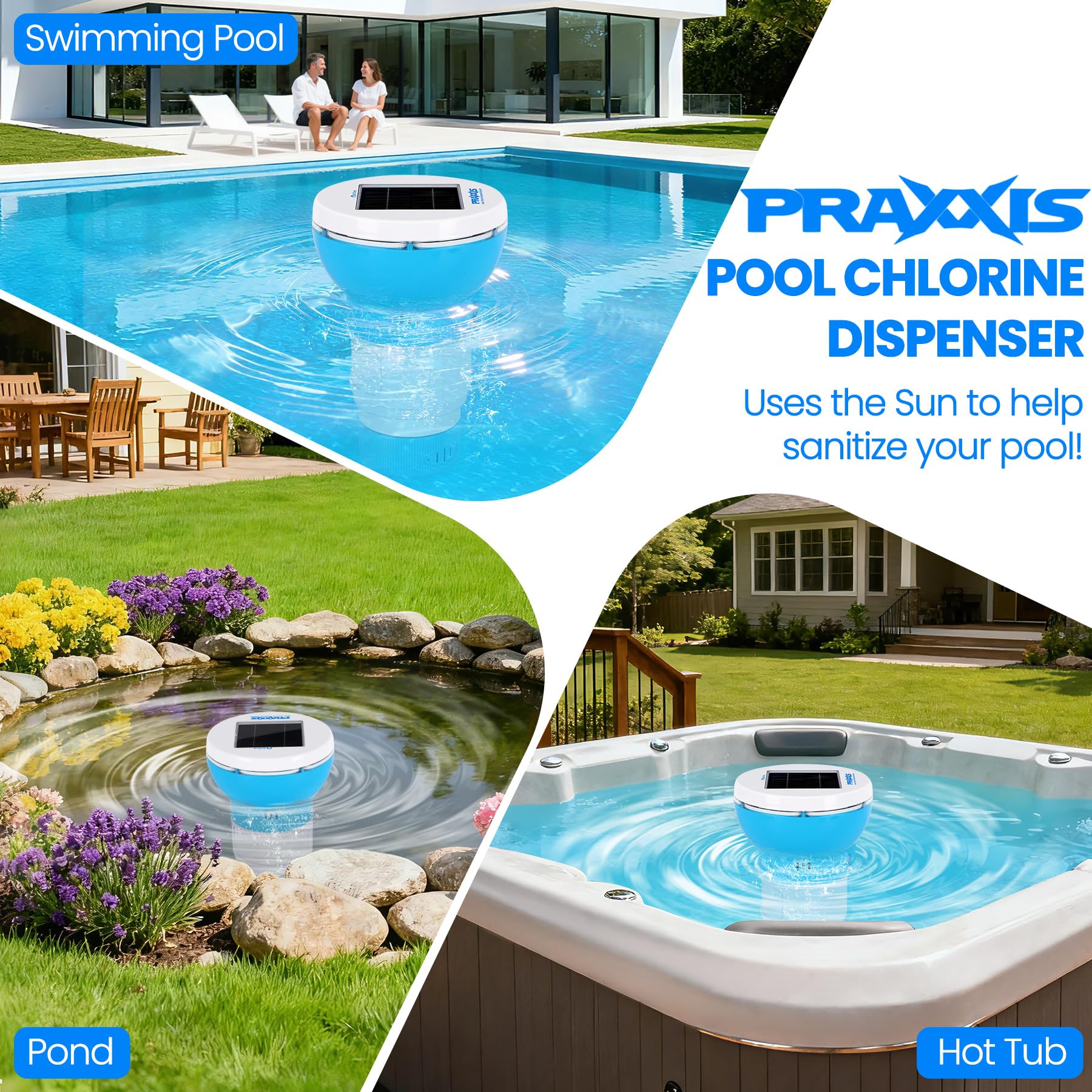 PRAXXIS Chlorine Floater with Solar-Powered Pump, Solar Chlorine Floater with Uniform Distribution, Rotating & Moving Floating Chlorine Dispenser for Pool, Adjustable Flow Pool Chlorine Floater(Blue) - Image 2