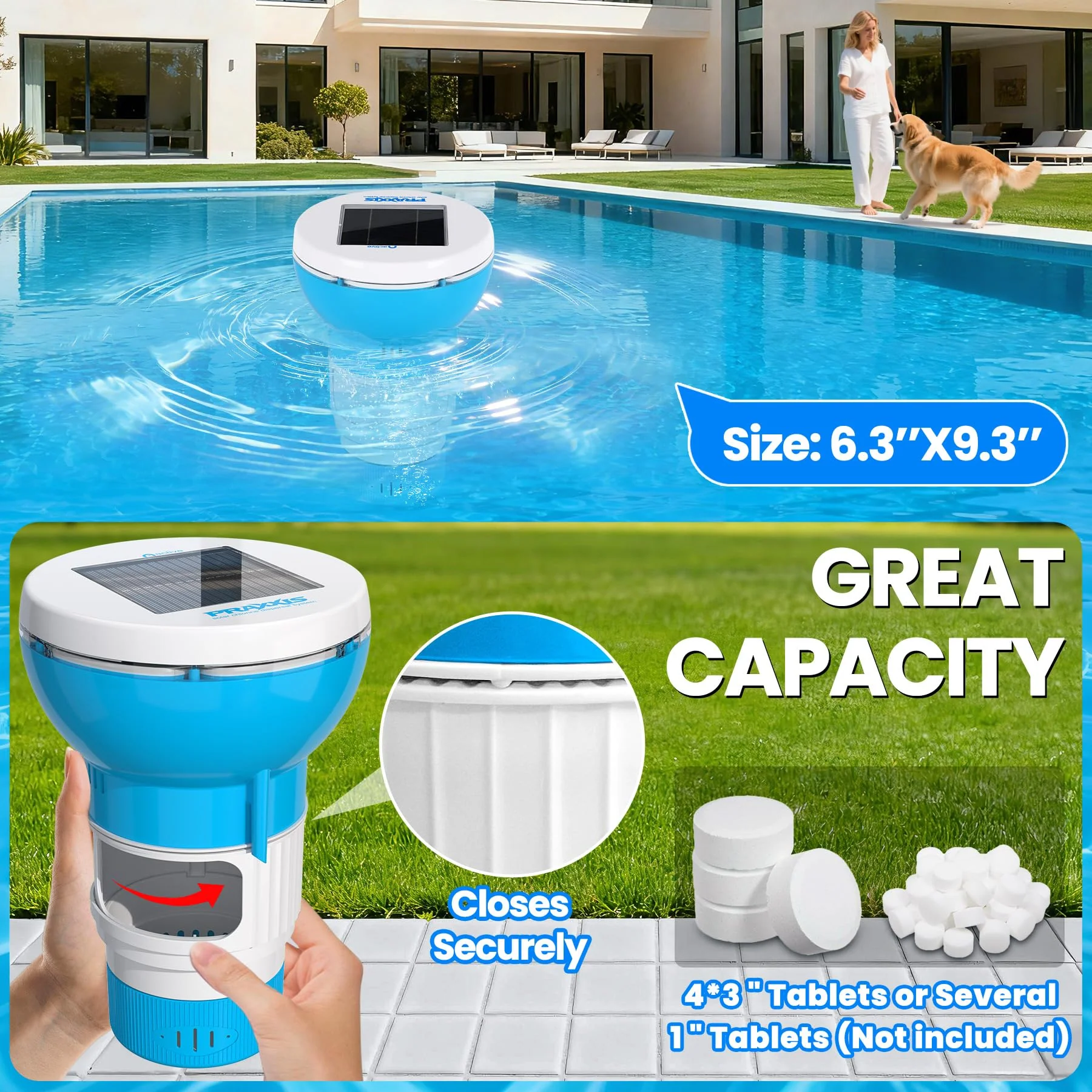 PRAXXIS Chlorine Floater with Solar-Powered Pump, Solar Chlorine Floater with Uniform Distribution, Rotating & Moving Floating Chlorine Dispenser for Pool, Adjustable Flow Pool Chlorine Floater(Blue) - Image 3