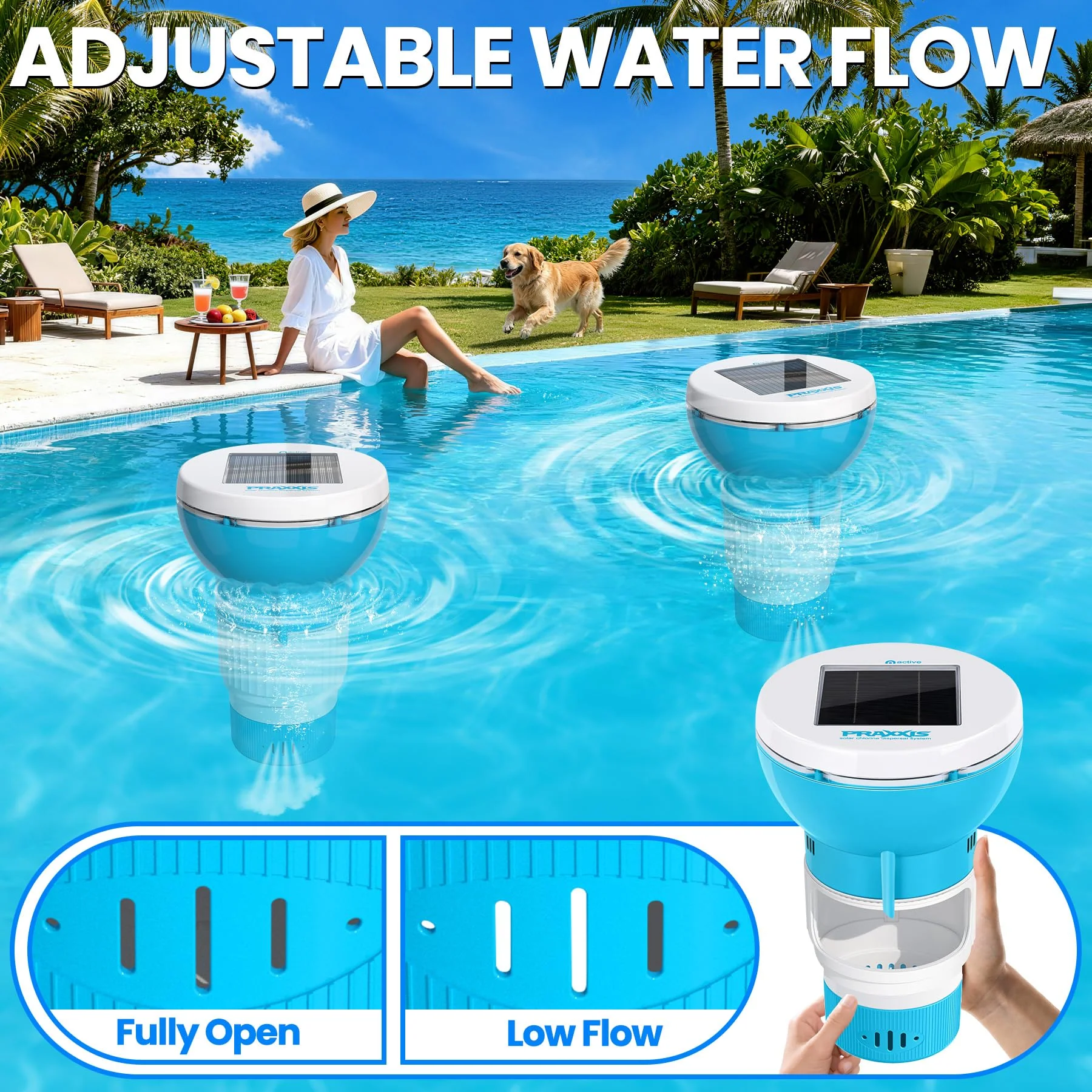 PRAXXIS Chlorine Floater with Solar-Powered Pump, Solar Chlorine Floater with Uniform Distribution, Rotating & Moving Floating Chlorine Dispenser for Pool, Adjustable Flow Pool Chlorine Floater(Blue) - Image 4