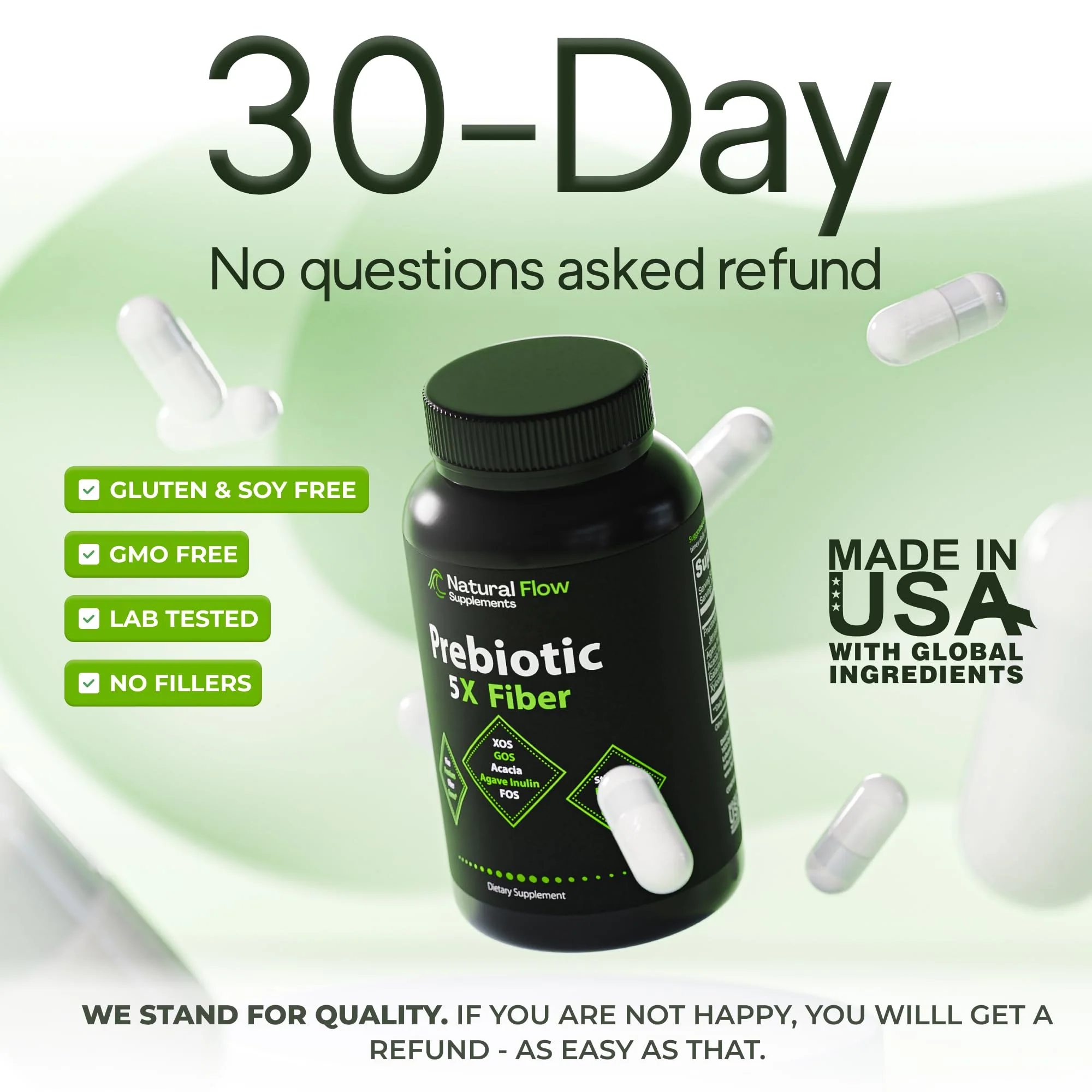 Prebiotic Fiber Supplement 5-in-1 Capsules - Natural Flow 5X Fiber XOS, GOS, FOS, Acacia and Agave Inulin, Daily Soluble Fiber Formula for Gut Support and Boost Good Bacteria Diversity, 120 Caps - Image 4