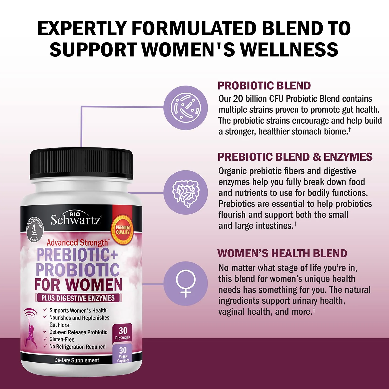 Prebiotics and Probiotics for Women - for Gut, Vaginal and Immune Health Support with Black Cohosh and Red Clover - Whole Food Digestive Enzymes Capsules, Lactobacillus Probiotic Supplement, 30 Count - Image 6