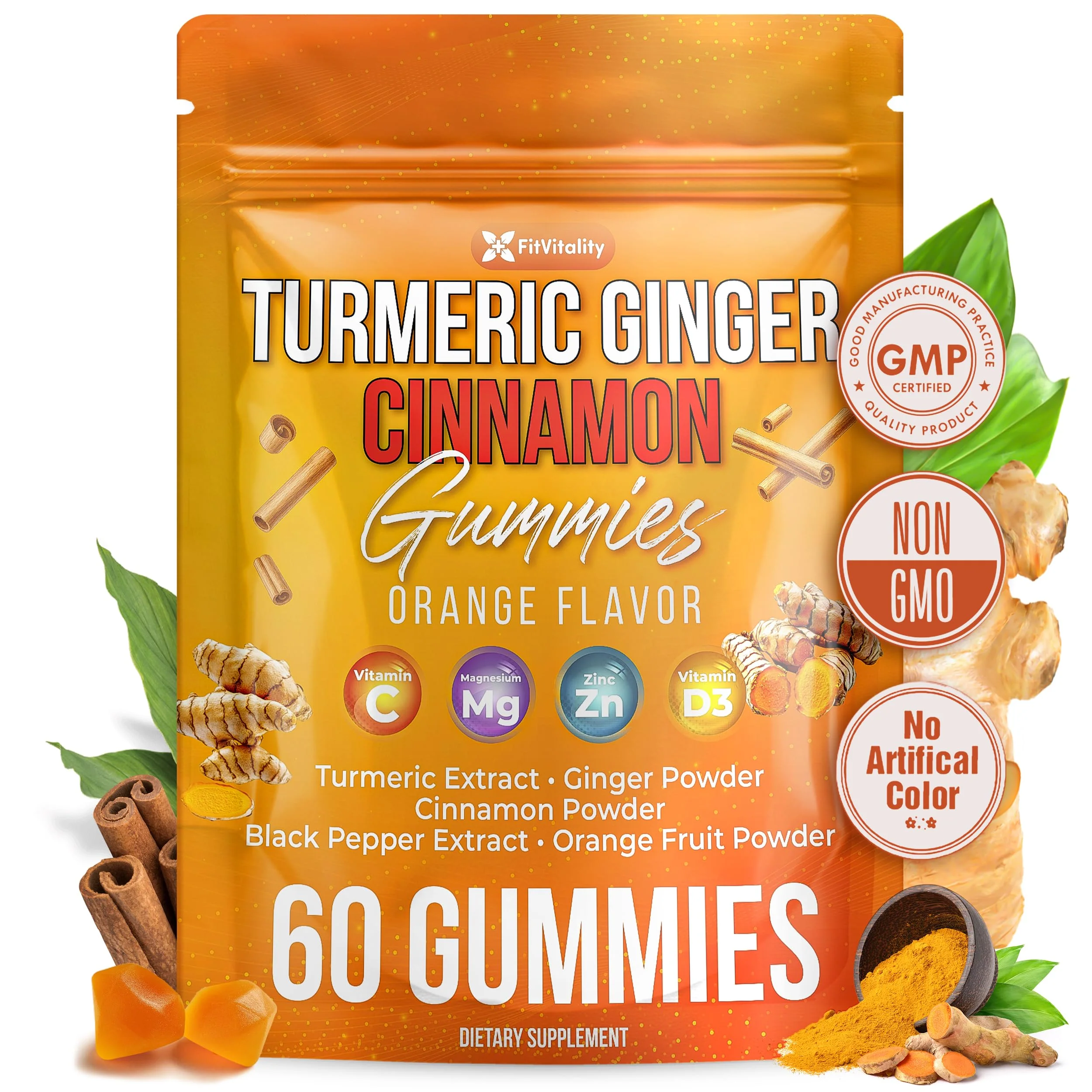 Premium 60 Turmeric Ginger Cinnamon Gummies – with Vitamin E, B12, Magnesium, Black Pepper Extract & Vitamin D3 – Orange Fruit Flavor - Vegan Gummies - Image 2