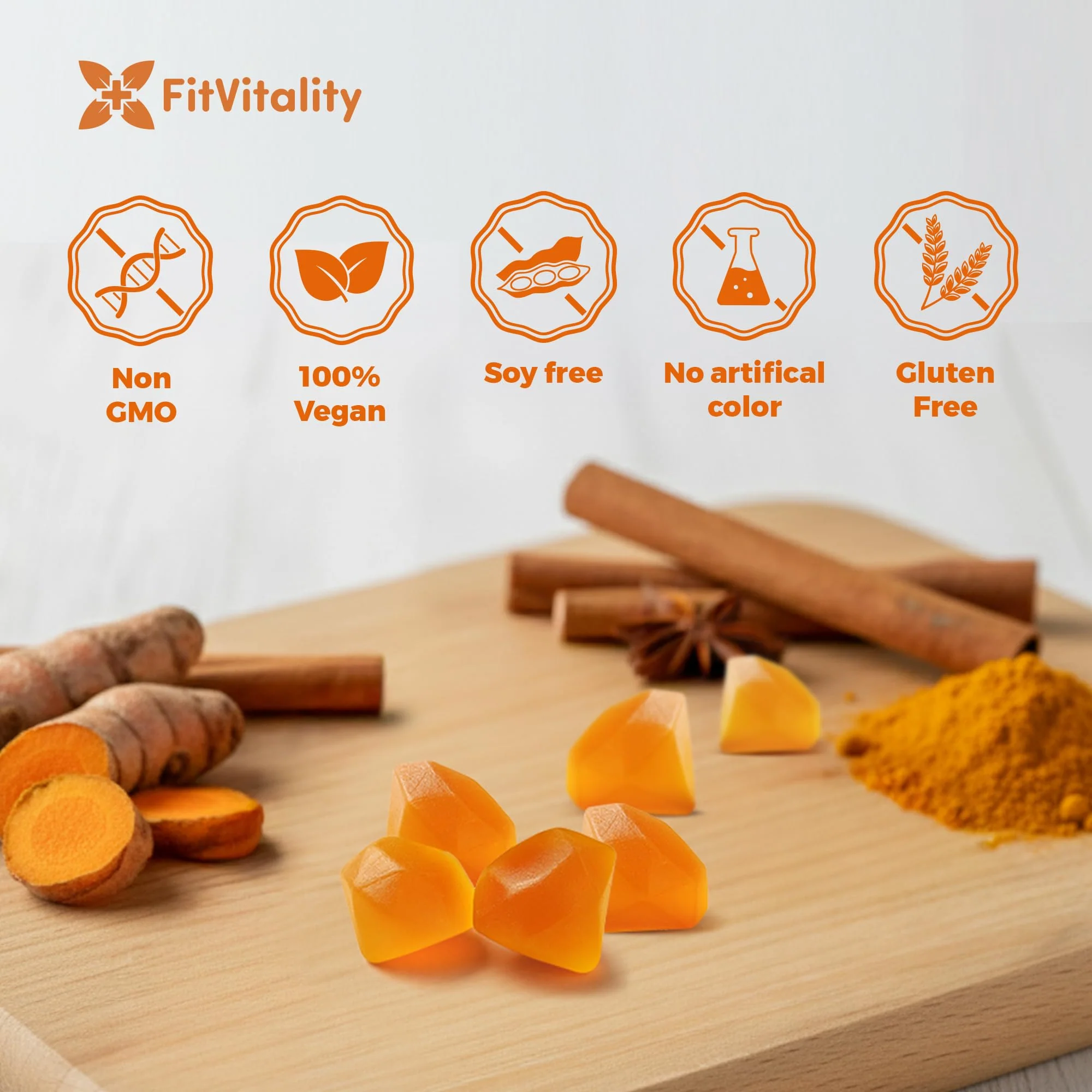 Premium 60 Turmeric Ginger Cinnamon Gummies – with Vitamin E, B12, Magnesium, Black Pepper Extract & Vitamin D3 – Orange Fruit Flavor - Vegan Gummies - Image 3