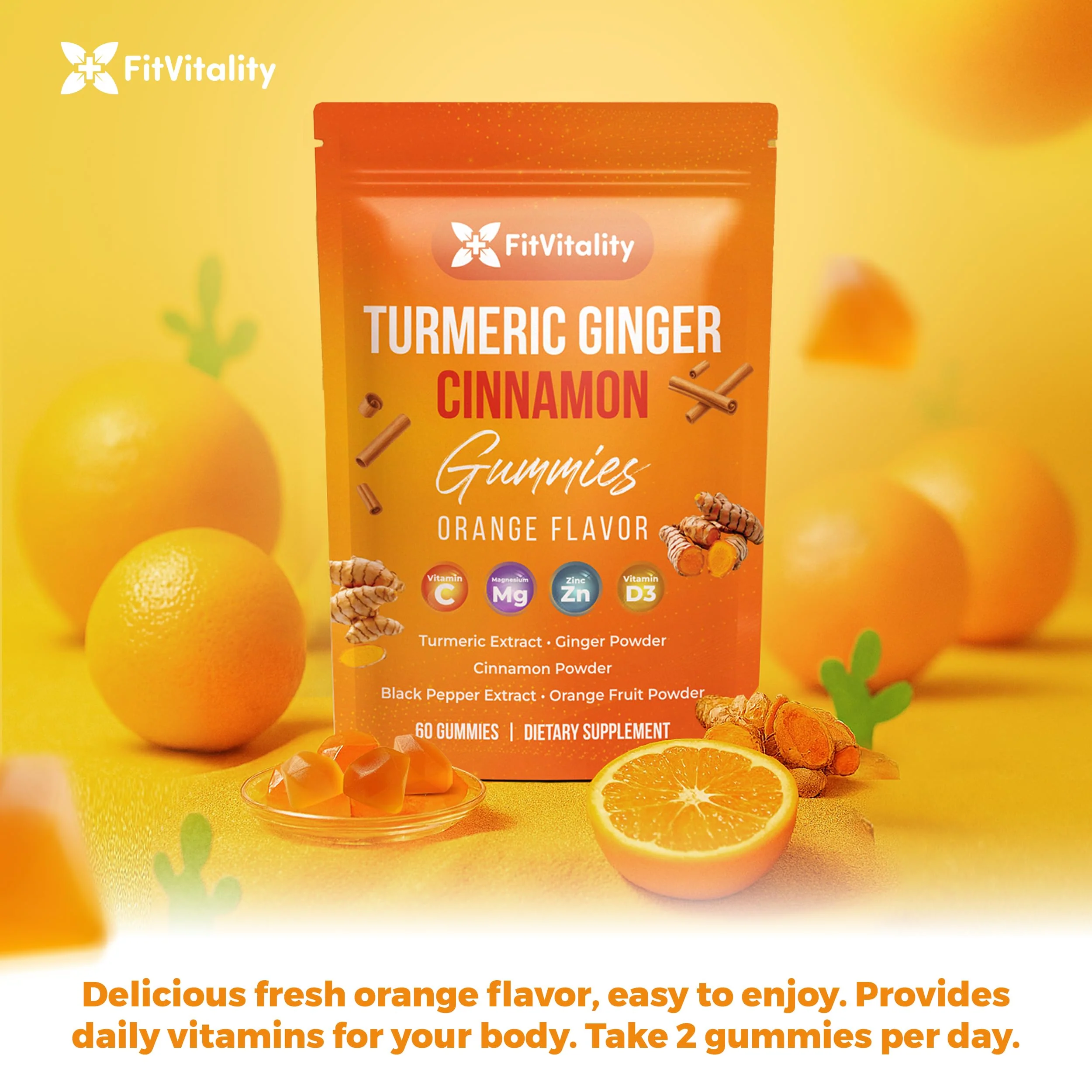 Premium 60 Turmeric Ginger Cinnamon Gummies – with Vitamin E, B12, Magnesium, Black Pepper Extract & Vitamin D3 – Orange Fruit Flavor - Vegan Gummies - Image 6