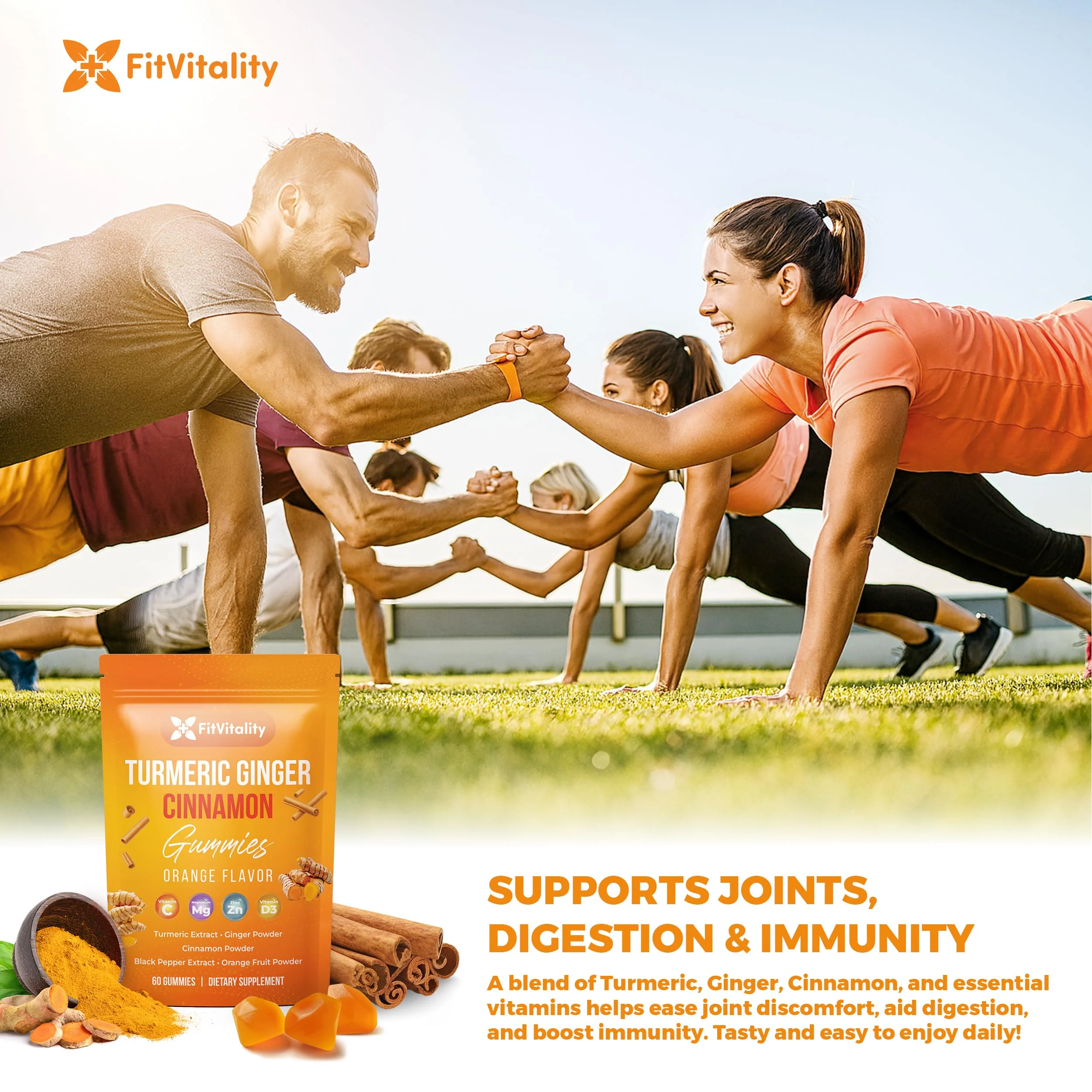 Premium 60 Turmeric Ginger Cinnamon Gummies – with Vitamin E, B12, Magnesium, Black Pepper Extract & Vitamin D3 – Orange Fruit Flavor - Vegan Gummies - Image 7