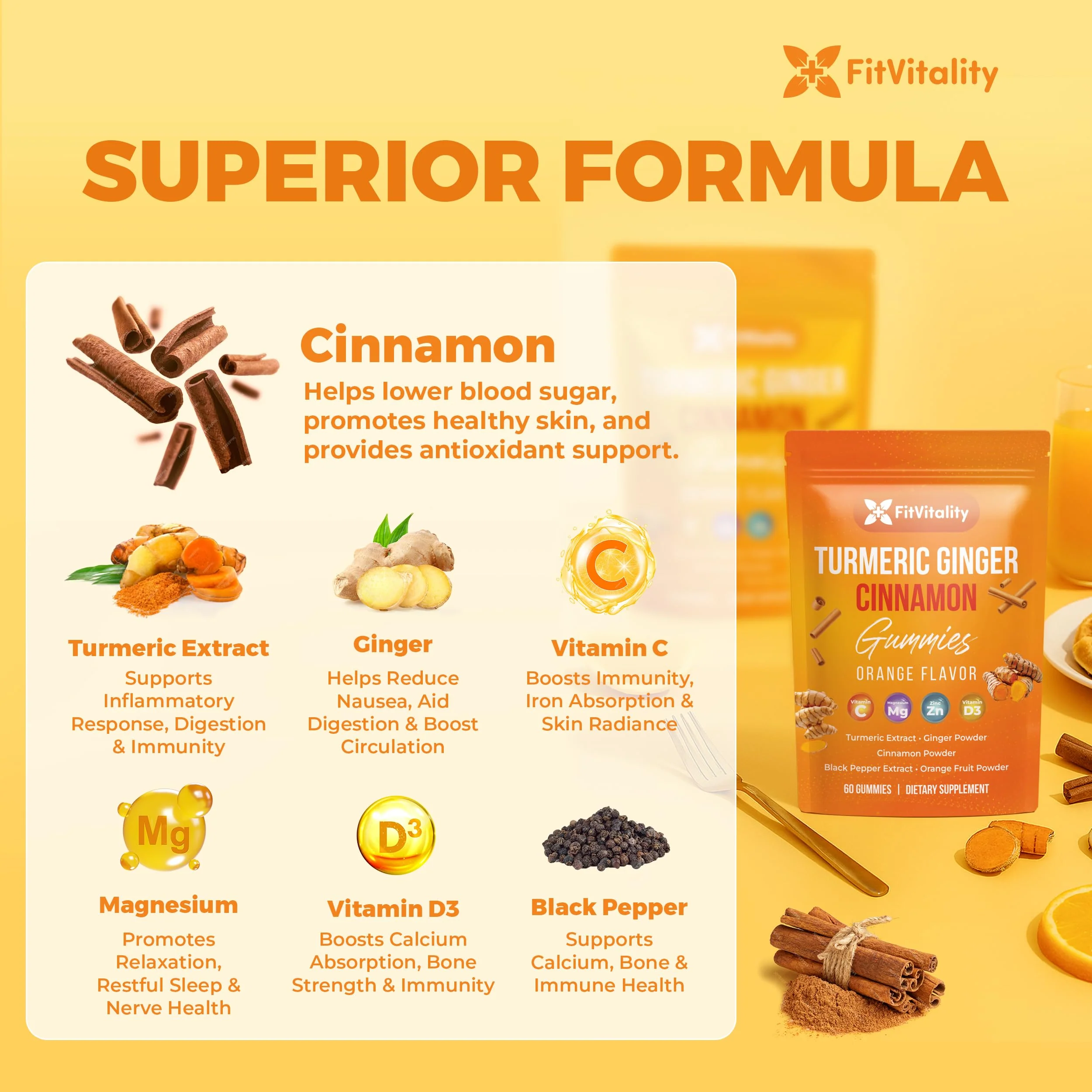 Premium 60 Turmeric Ginger Cinnamon Gummies – with Vitamin E, B12, Magnesium, Black Pepper Extract & Vitamin D3 – Orange Fruit Flavor - Vegan Gummies - Image 8