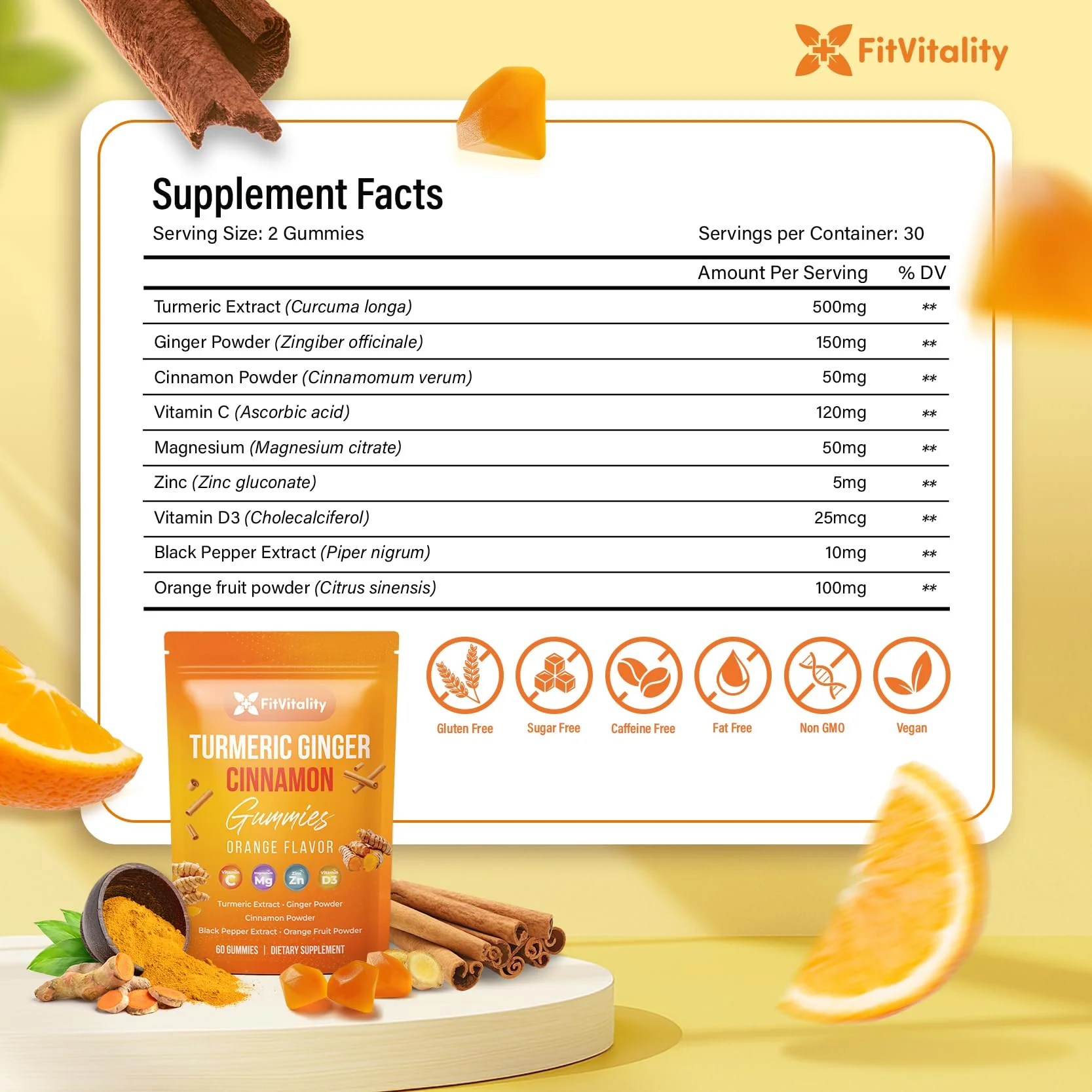 Premium 60 Turmeric Ginger Cinnamon Gummies – with Vitamin E, B12, Magnesium, Black Pepper Extract & Vitamin D3 – Orange Fruit Flavor - Vegan Gummies - Image 9