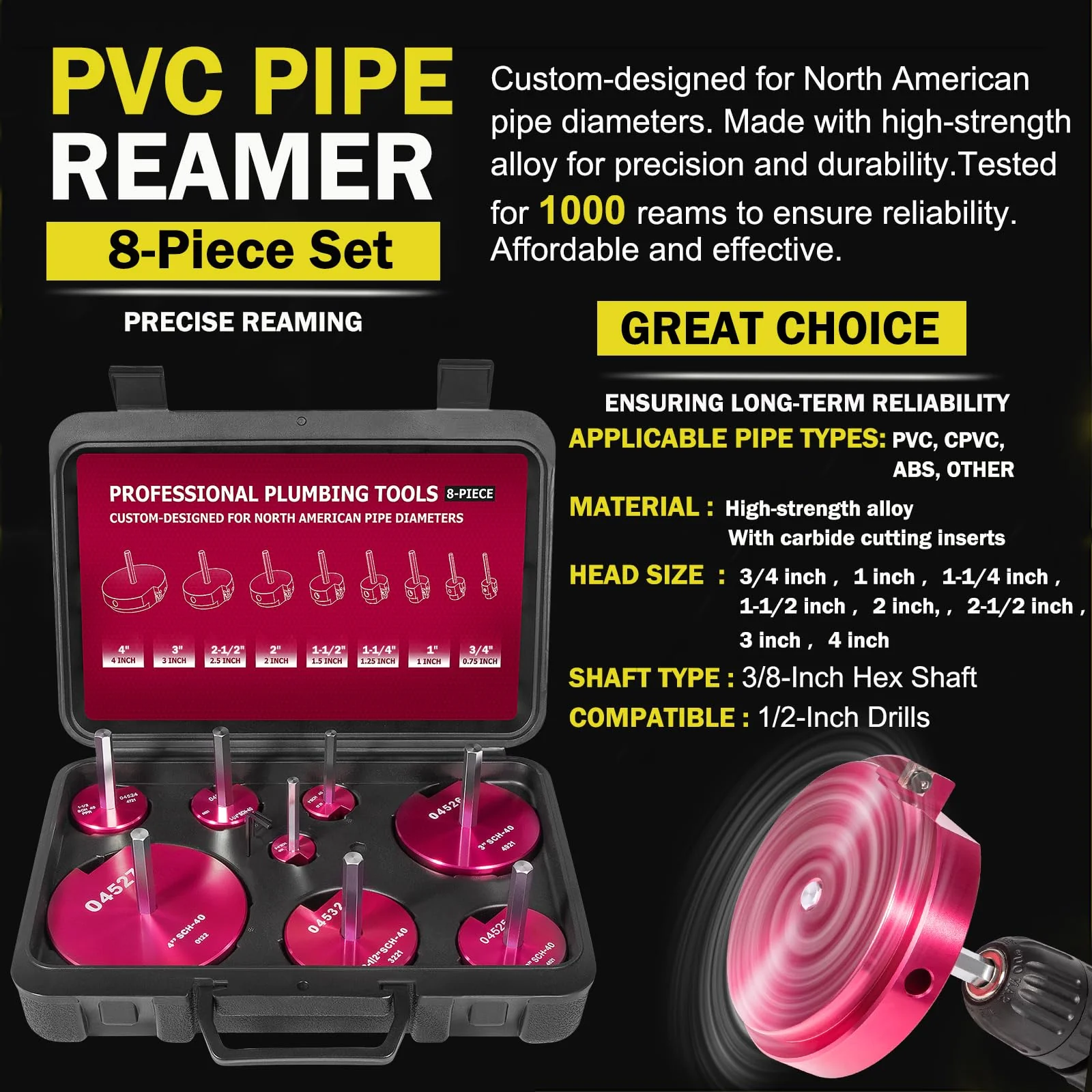 Premium 8Pcs PVC Pipe Reamer Kit - Complete Reamer Set, Fits Standard 1/2" Drills, Includes P3/4", 1", 1-1/4", 1-1/2", 2", 2-1/2", 3", 4" For Standard 1/2" Drills, Ideal for PVC, CPVC, ABS Pipes - Image 4