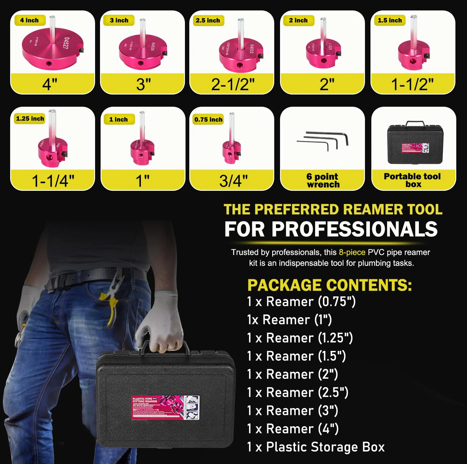 Premium 8Pcs PVC Pipe Reamer Kit - Complete Reamer Set, Fits Standard 1/2" Drills, Includes P3/4", 1", 1-1/4", 1-1/2", 2", 2-1/2", 3", 4" For Standard 1/2" Drills, Ideal for PVC, CPVC, ABS Pipes - Image 5
