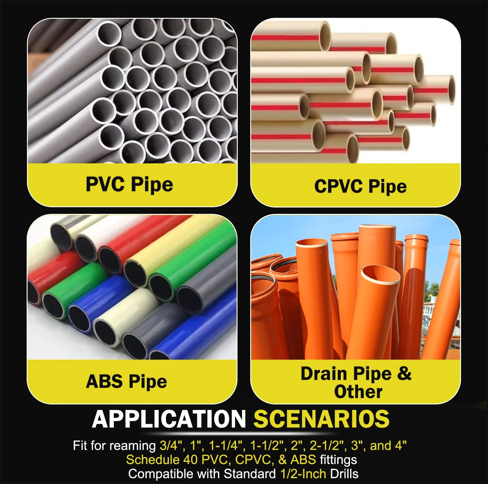 Premium 8Pcs PVC Pipe Reamer Kit - Complete Reamer Set, Fits Standard 1/2" Drills, Includes P3/4", 1", 1-1/4", 1-1/2", 2", 2-1/2", 3", 4" For Standard 1/2" Drills, Ideal for PVC, CPVC, ABS Pipes - Image 6