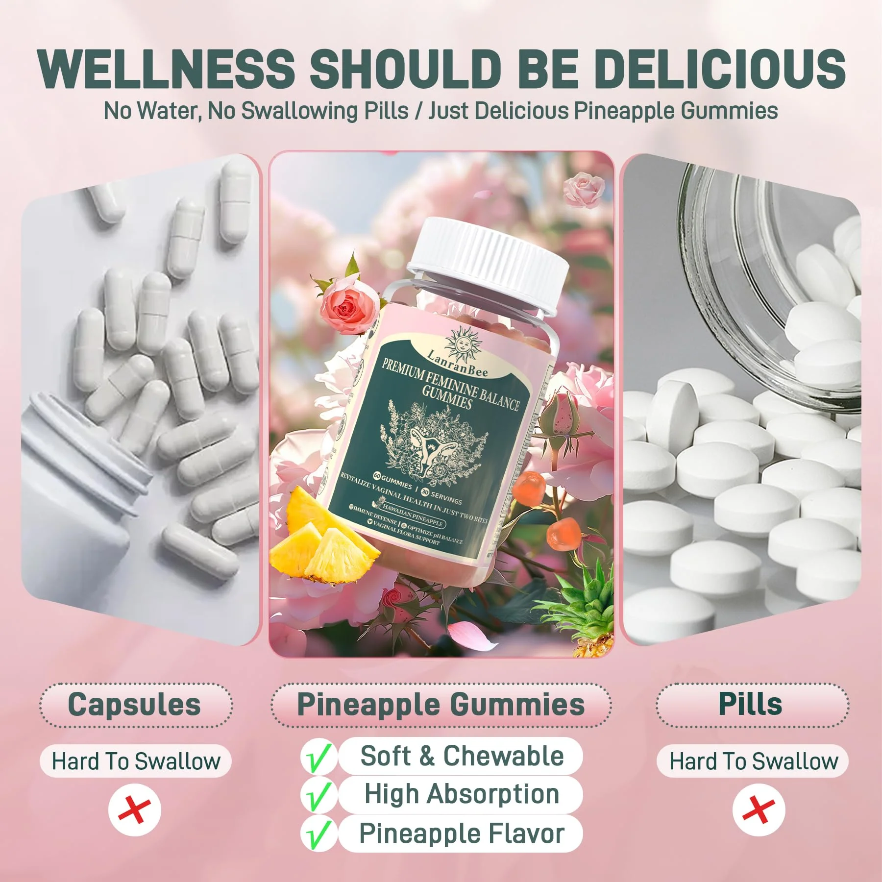 Premium Feminine Balance Gummies Vaginal Probiotic - for Women’s pH Balanced Health & Wellness - Immune Support - Vegan, Gluten-Free & Halal - Hawaiian Pineapple - 60 Gummies - 30 Servings (1) - Image 5