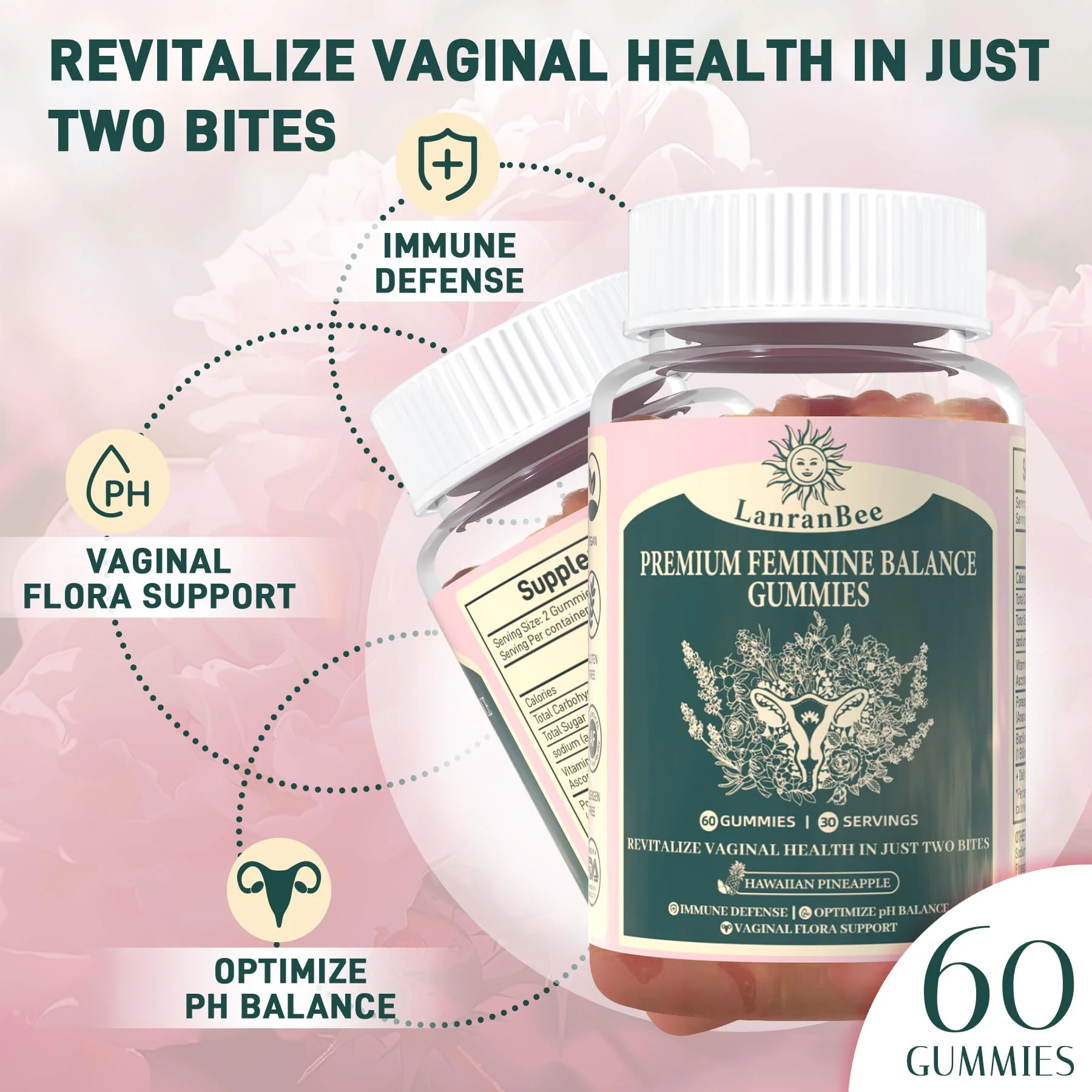 Premium Feminine Balance Gummies Vaginal Probiotic - for Women’s pH Balanced Health & Wellness - Immune Support - Vegan, Gluten-Free & Halal - Hawaiian Pineapple - 60 Gummies - 30 Servings (1) - Image 8
