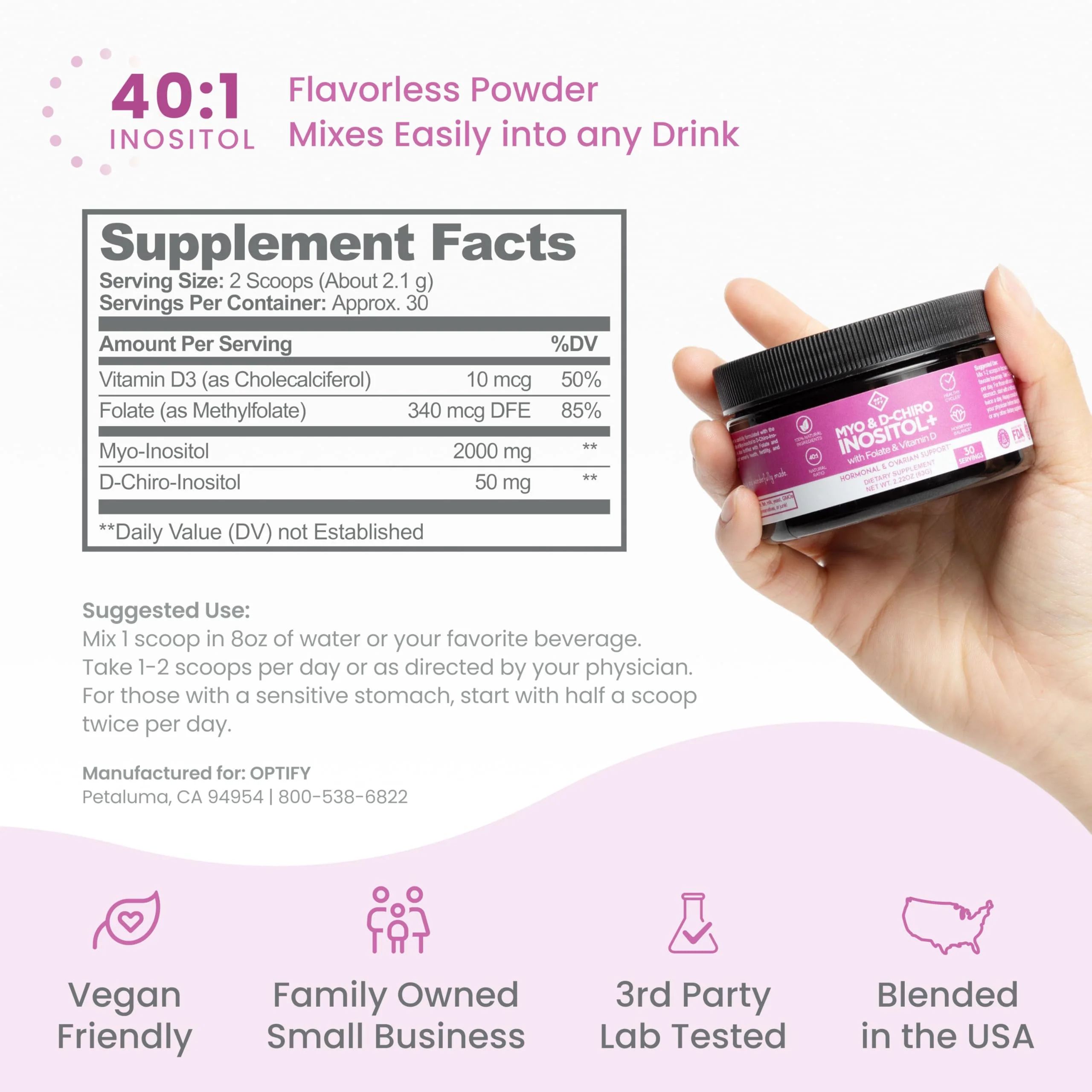 Premium Inositol Supplement - Myo-Inositol and D-Chiro Inositol Powder Plus Folate and Vitamin D - Ideal 40:1 Ratio - Hormone Balance & Healthy Ovarian Support for Women - Vitamin B8 - 30 Day Supply - Image 6